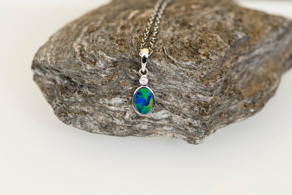 Australian Opal in 14K Solid White Gold - Multi Color Fire Opal Necklace - Natural Genuine Australian Doublet Opal Gem Stone Pendant