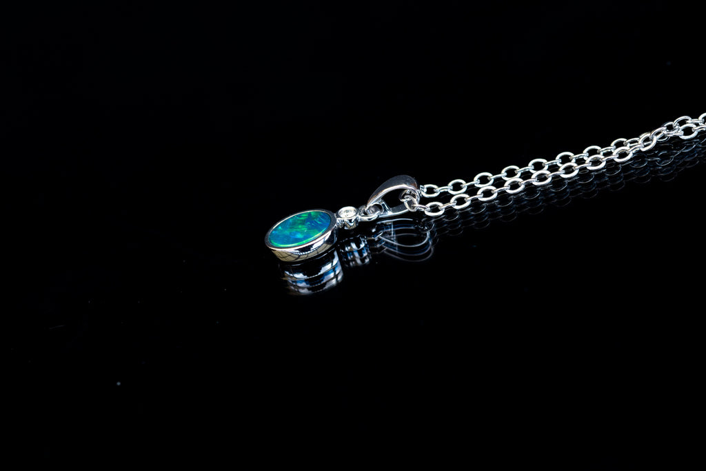 Australian Opal in 14K Solid White Gold - Multi Color Fire Opal Necklace - Natural Genuine Australian Doublet Opal Gem Stone Pendant