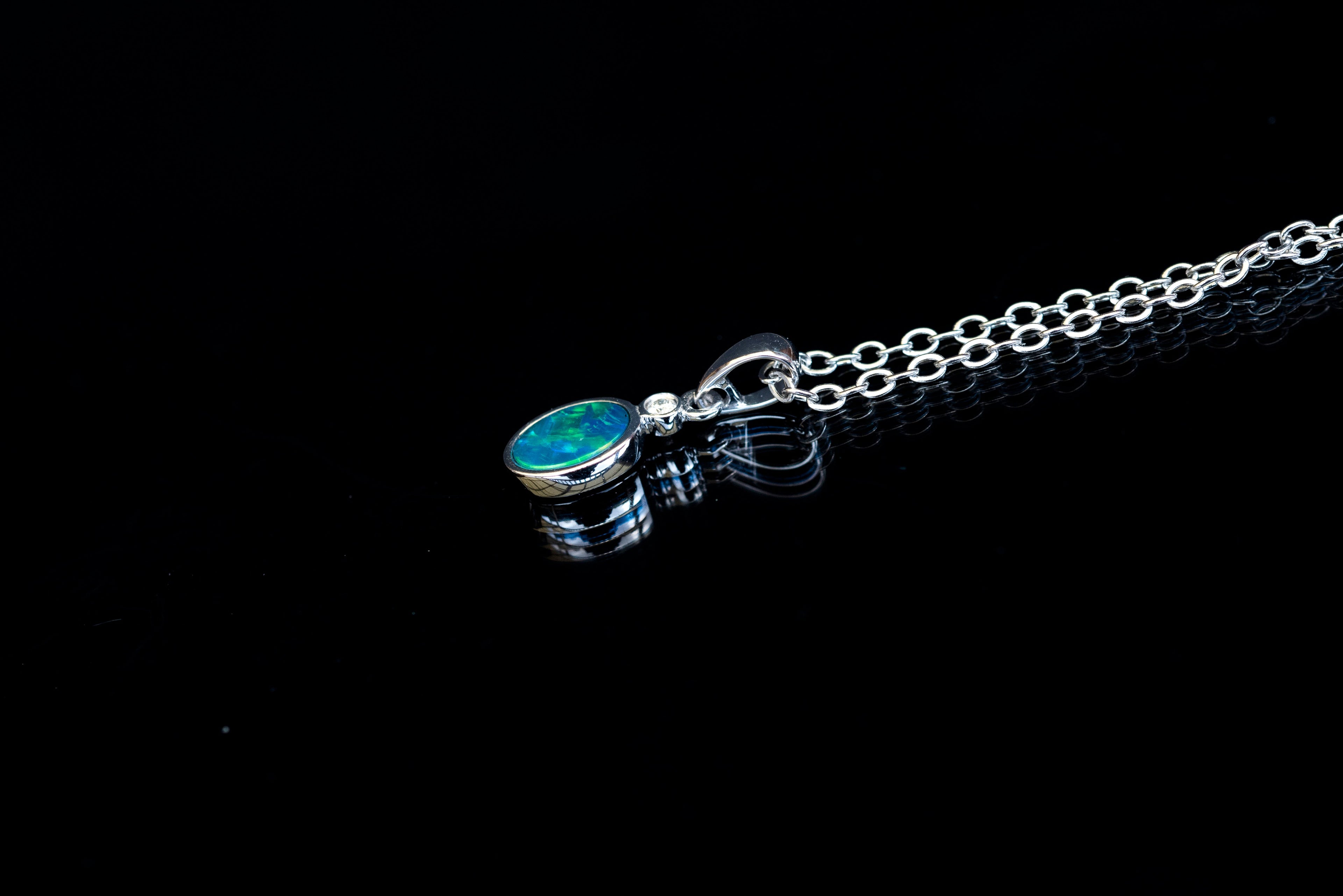 Australian Opal in 14K Solid White Gold - Multi Color Fire Opal Necklace - Natural Genuine Australian Doublet Opal Gem Stone Pendant