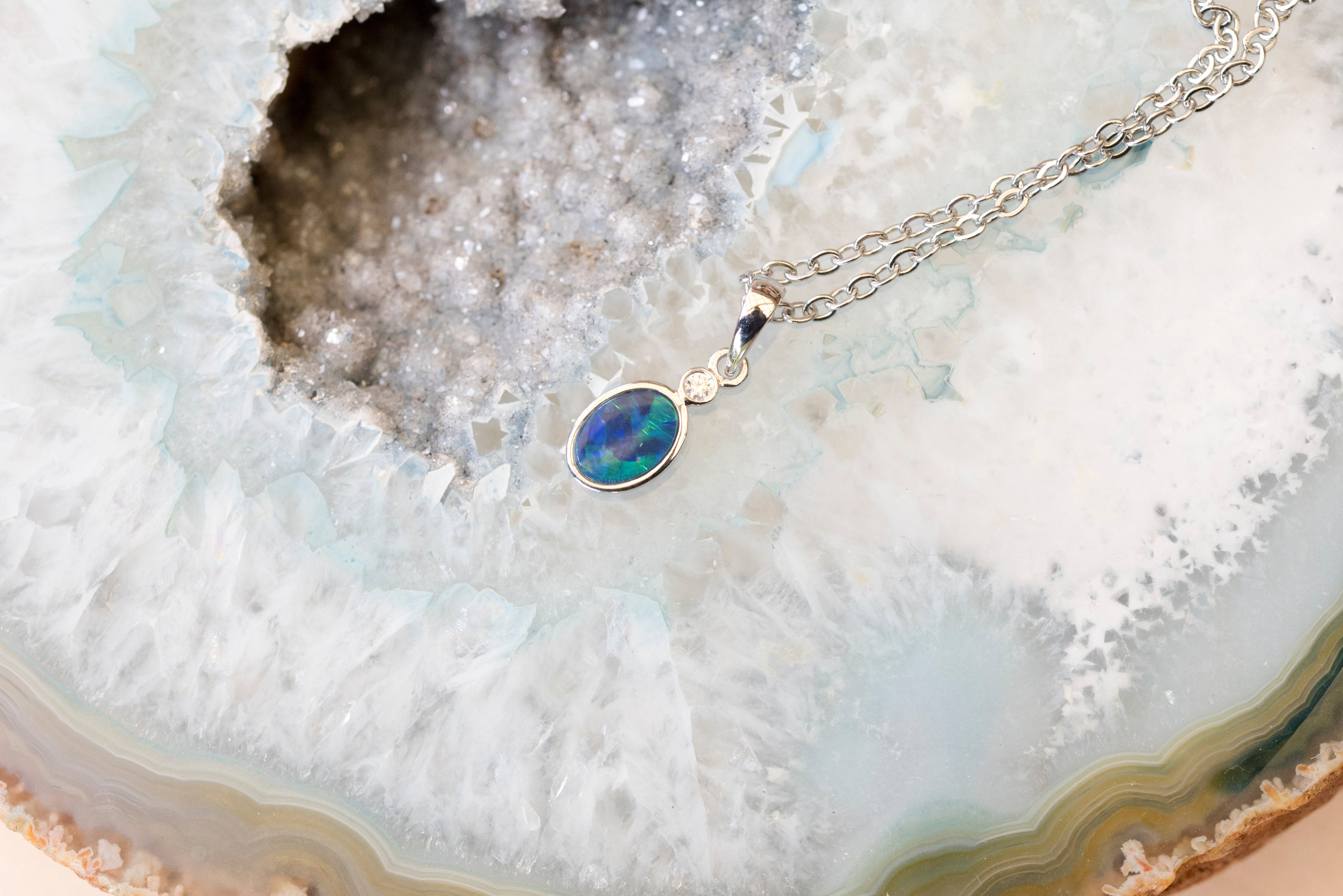 Australian Opal in 14K Solid White Gold - Multi Color Fire Opal Necklace - Natural Genuine Australian Doublet Opal Gem Stone Pendant