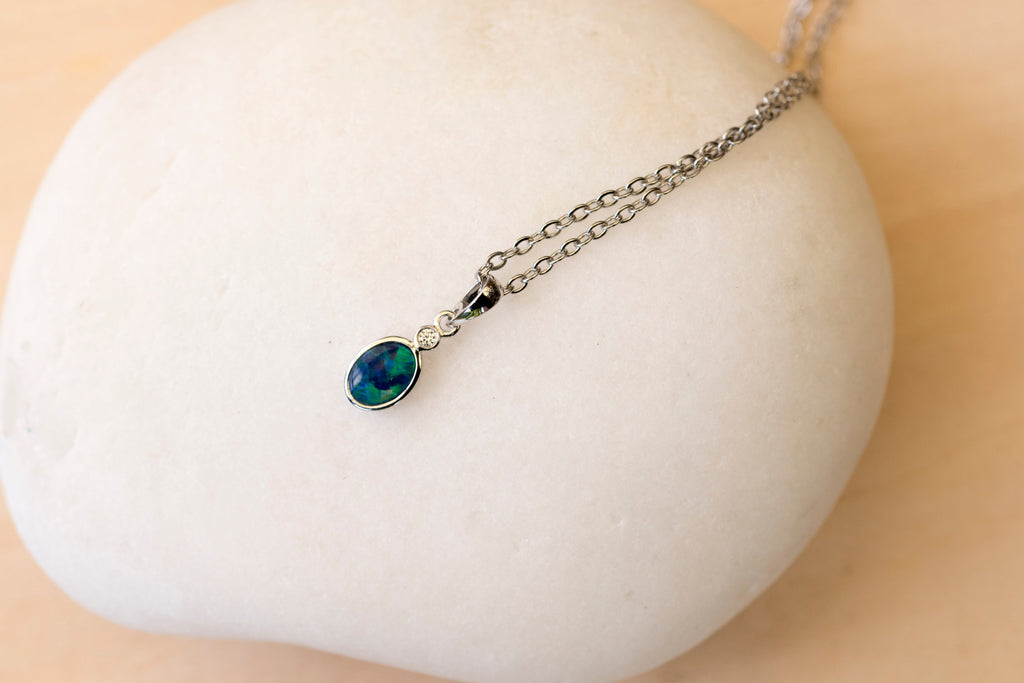 Australian Opal in 14K Solid White Gold - Multi Color Fire Opal Necklace - Natural Genuine Australian Doublet Opal Gem Stone Pendant