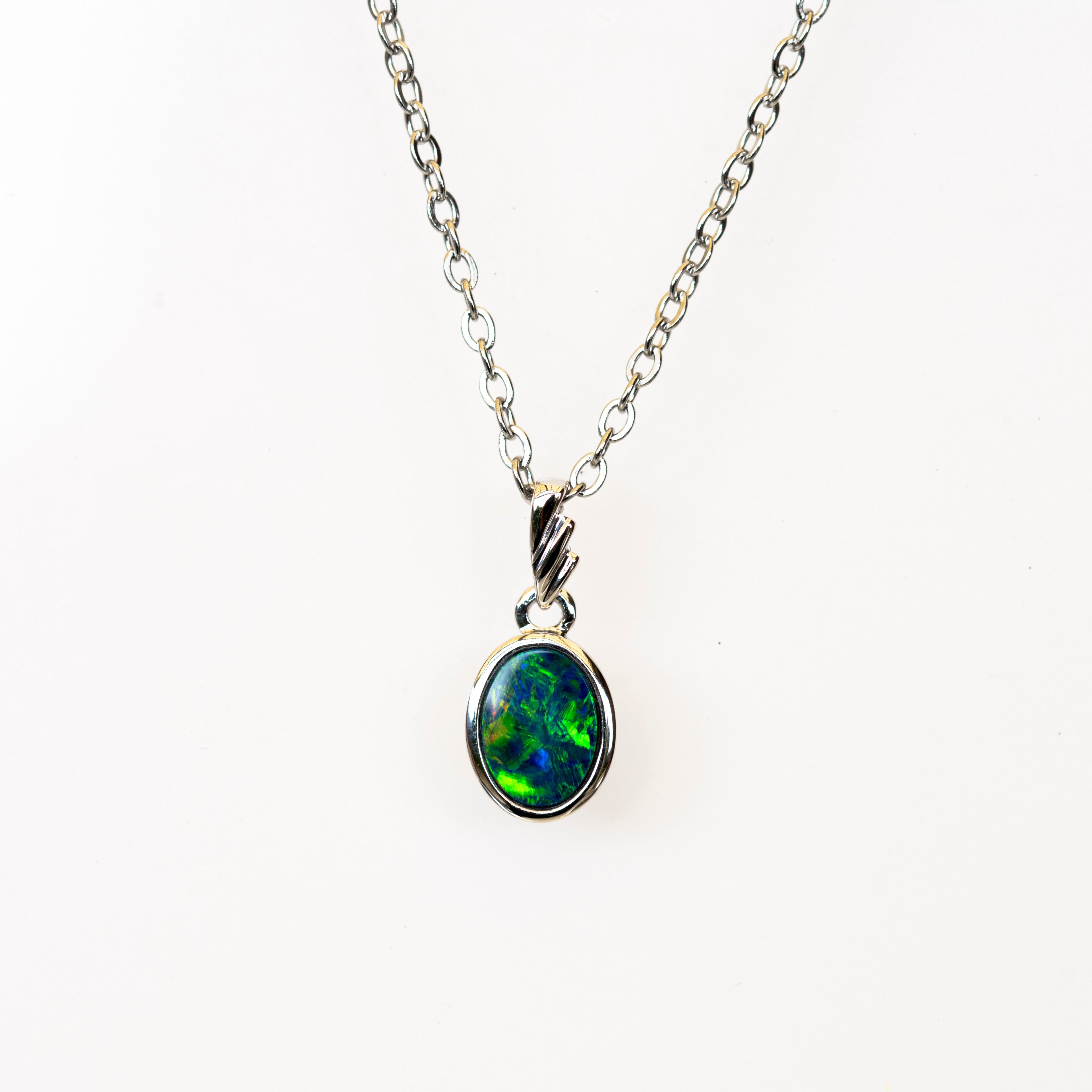 Australian Opal in 14K Solid White Gold - Multi Color Fire Opal Necklace -  Genuine Australian Doublet Opal Gem Stone Pendant
