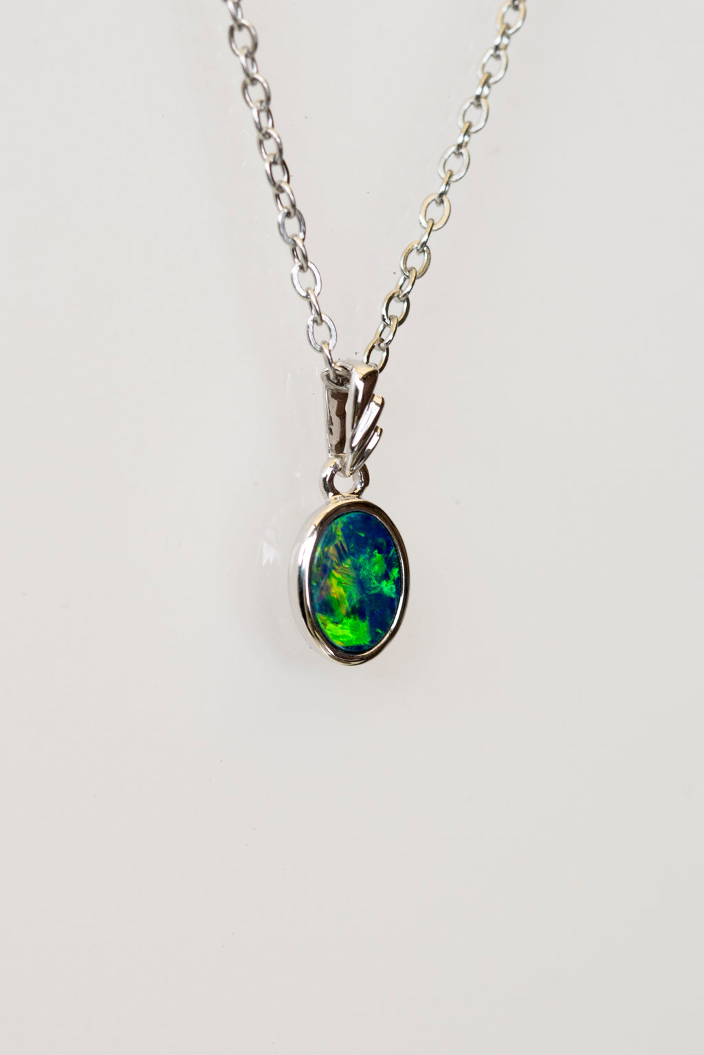 Australian Opal in 14K Solid White Gold - Multi Color Fire Opal Necklace -  Genuine Australian Doublet Opal Gem Stone Pendant