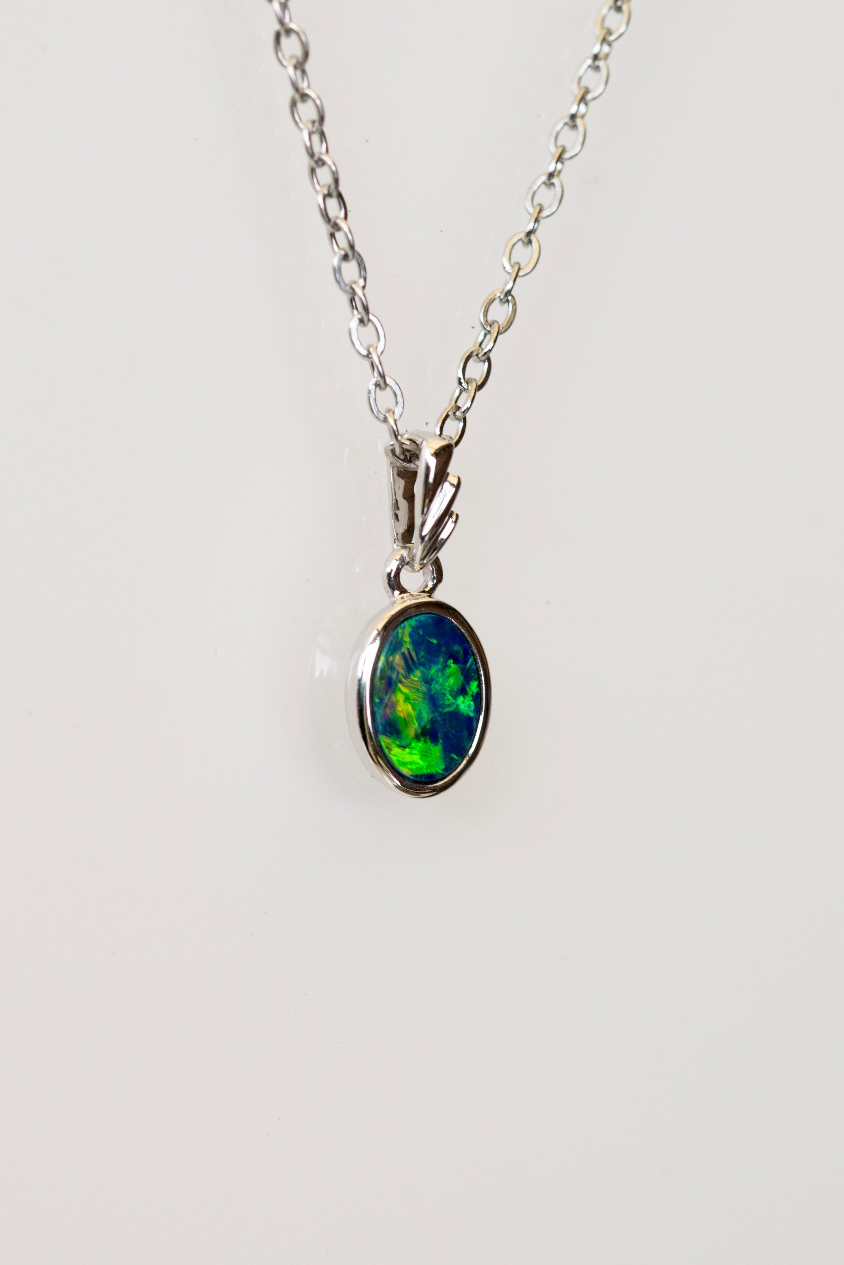 Australian Opal in 14K Solid White Gold - Multi Color Fire Opal Necklace -  Genuine Australian Doublet Opal Gem Stone Pendant