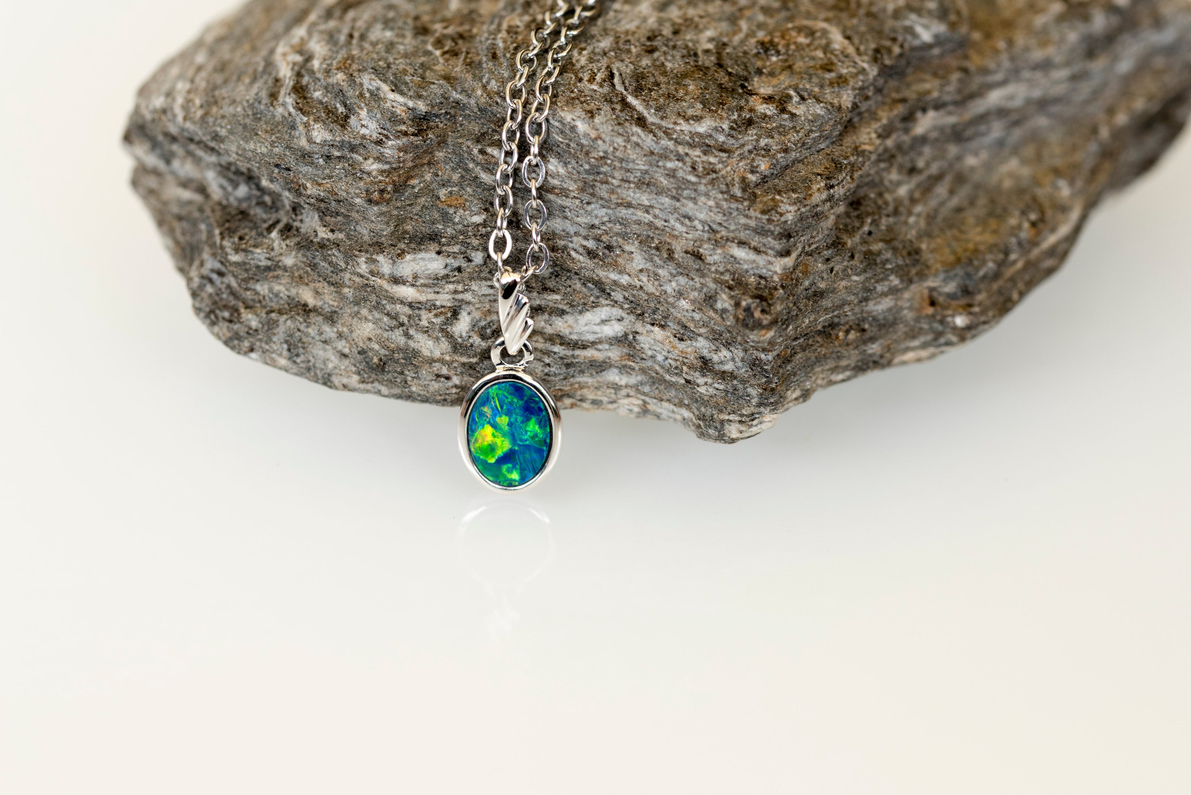 Australian Opal in 14K Solid White Gold - Multi Color Fire Opal Necklace -  Genuine Australian Doublet Opal Gem Stone Pendant