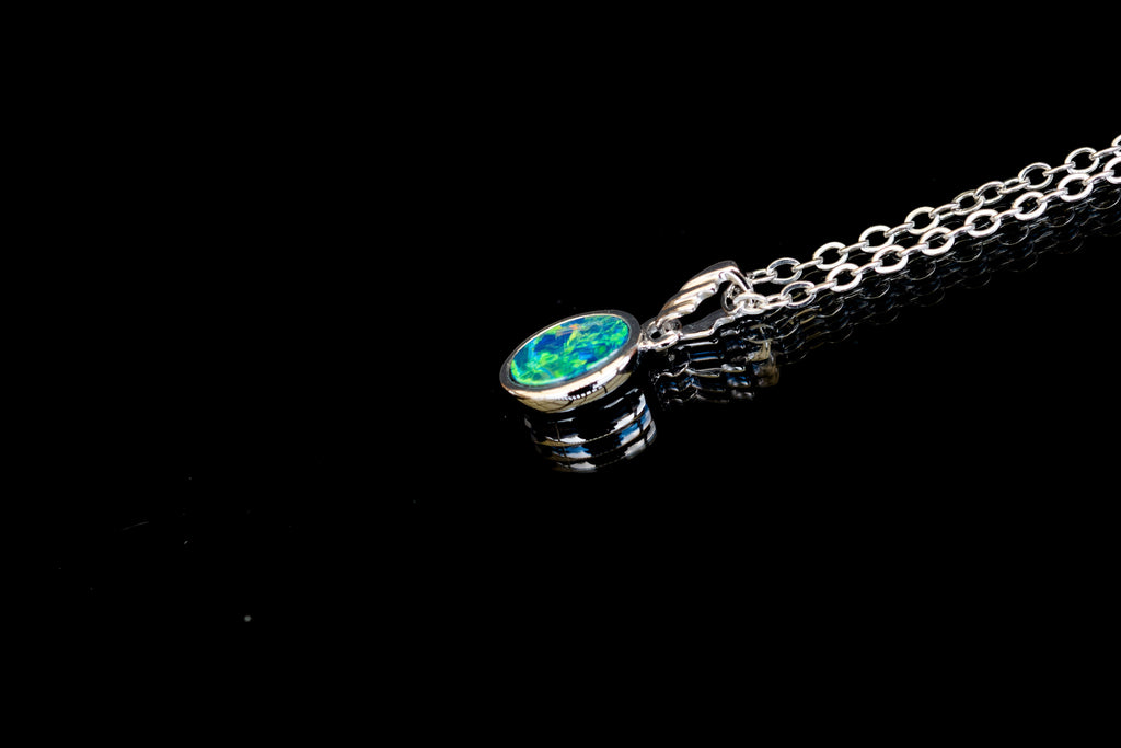 Australian Opal in 14K Solid White Gold - Multi Color Fire Opal Necklace -  Genuine Australian Doublet Opal Gem Stone Pendant