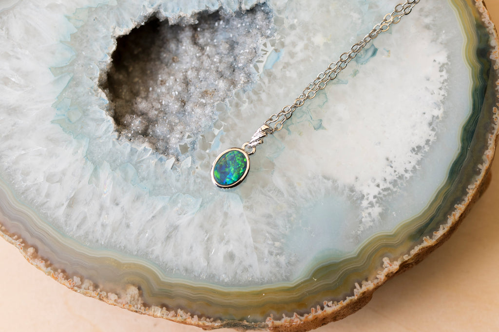 Australian Opal in 14K Solid White Gold - Multi Color Fire Opal Necklace -  Genuine Australian Doublet Opal Gem Stone Pendant