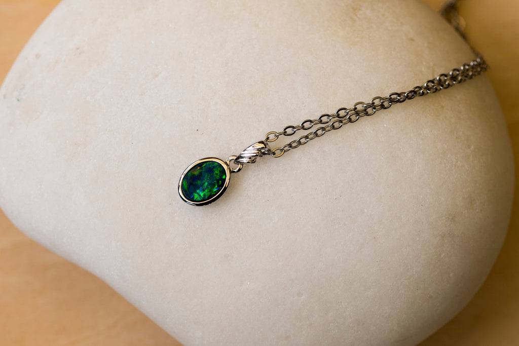 Australian Opal in 14K Solid White Gold - Multi Color Fire Opal Necklace -  Genuine Australian Doublet Opal Gem Stone Pendant