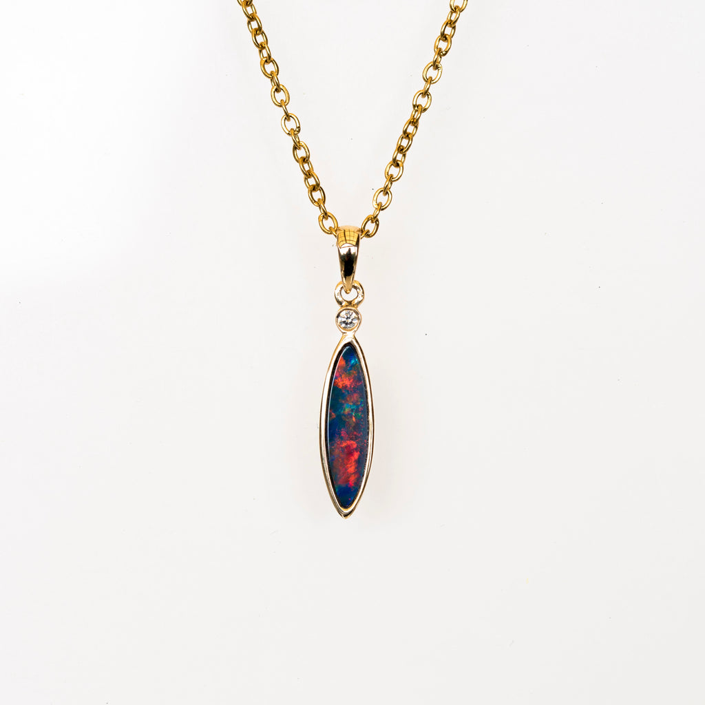 Australian Opal in 14K Solid Yellow Gold - Enchanted Fire Opal Necklace - Genuine Australian Doublet Opal Gem Stone Pendant