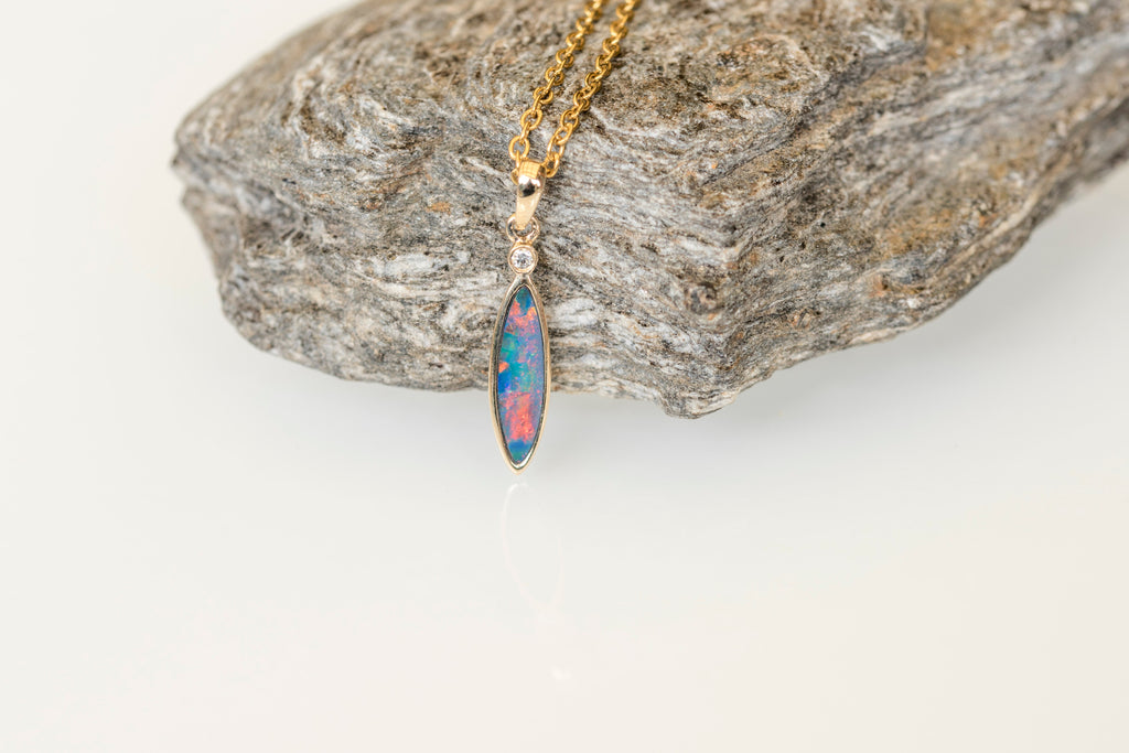 Australian Opal in 14K Solid Yellow Gold - Enchanted Fire Opal Necklace - Genuine Australian Doublet Opal Gem Stone Pendant