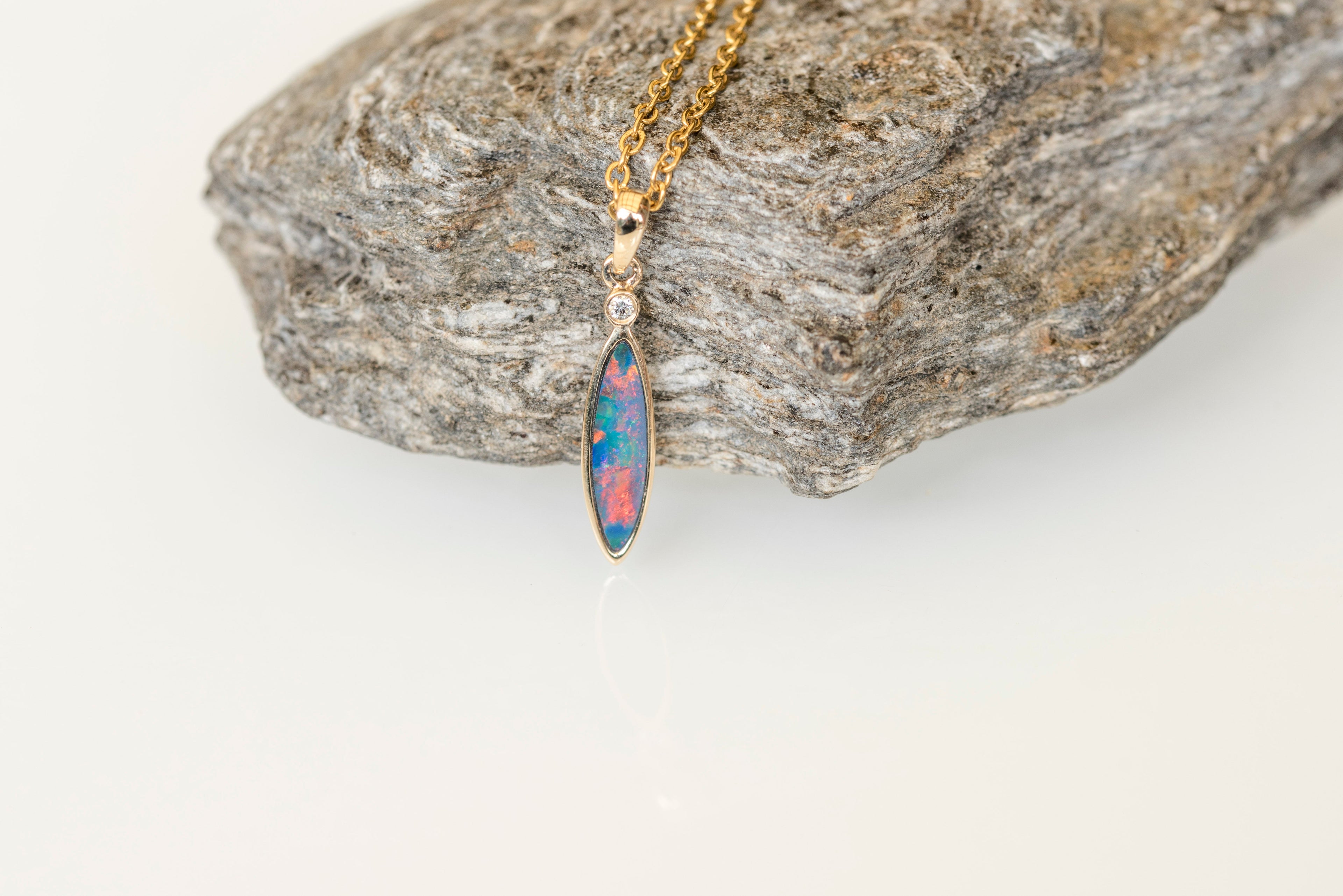 Australian Opal in 14K Solid Yellow Gold - Enchanted Fire Opal Necklace - Genuine Australian Doublet Opal Gem Stone Pendant