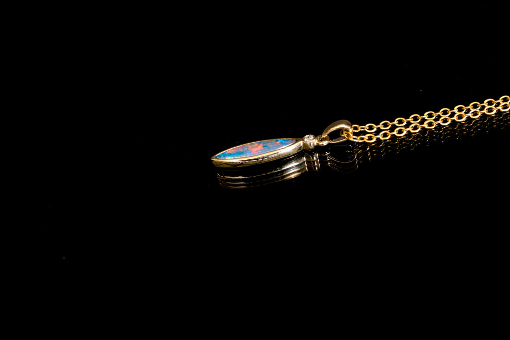 Australian Opal in 14K Solid Yellow Gold - Enchanted Fire Opal Necklace - Genuine Australian Doublet Opal Gem Stone Pendant