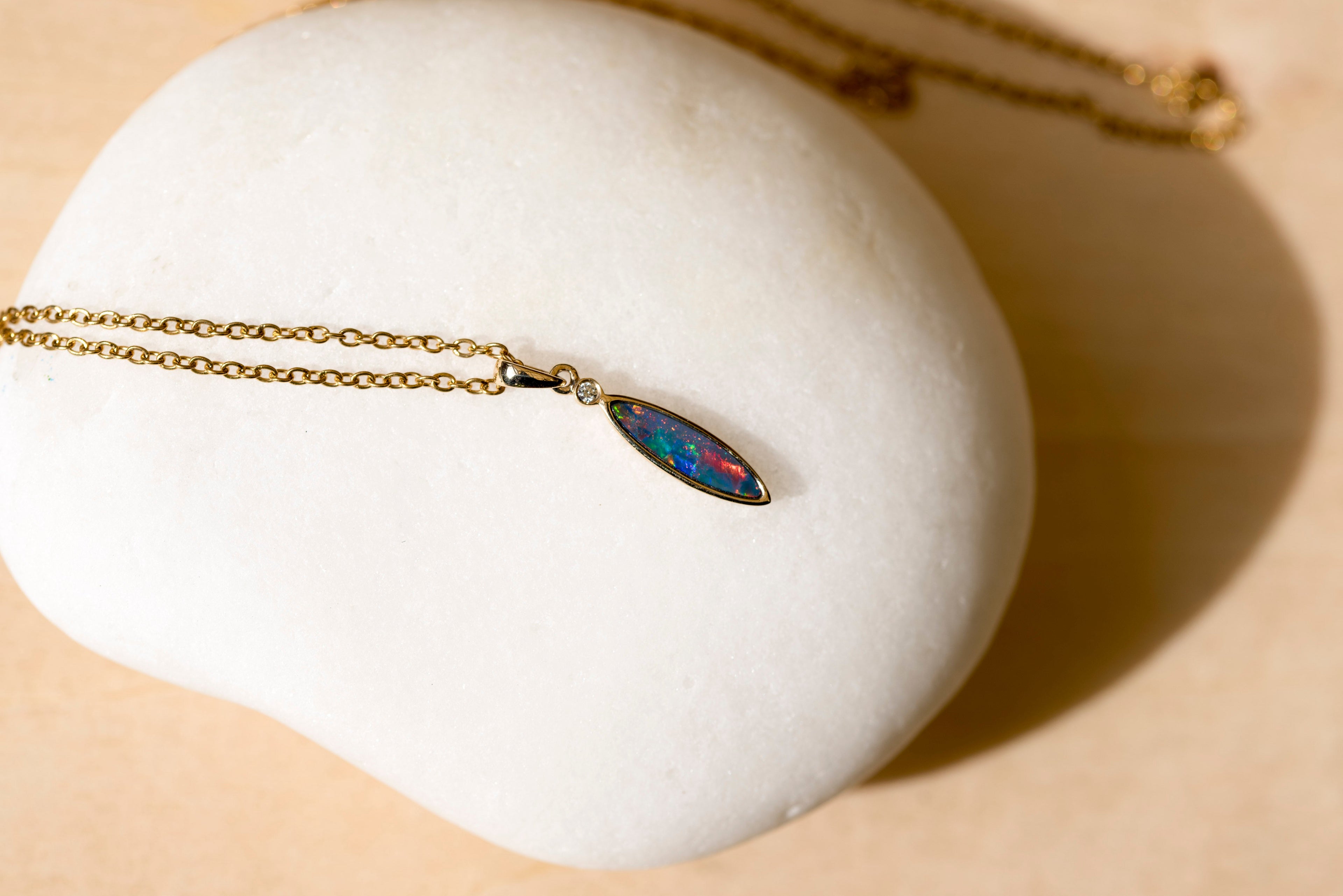 Australian Opal in 14K Solid Yellow Gold - Enchanted Fire Opal Necklace - Genuine Australian Doublet Opal Gem Stone Pendant