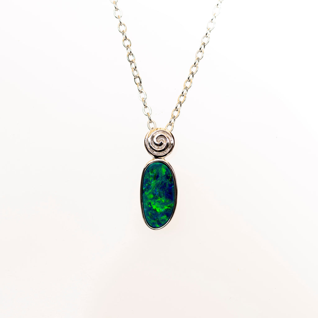 Natural Australian Opal in 14K Solid White Gold - Multi Color Fire Opal Necklace - Genuine Australian Doublet Opal Gem Stone Pendant