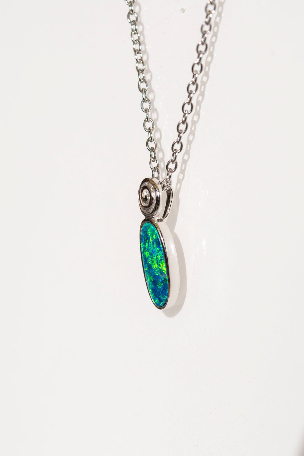 Natural Australian Opal in 14K Solid White Gold - Multi Color Fire Opal Necklace - Genuine Australian Doublet Opal Gem Stone Pendant