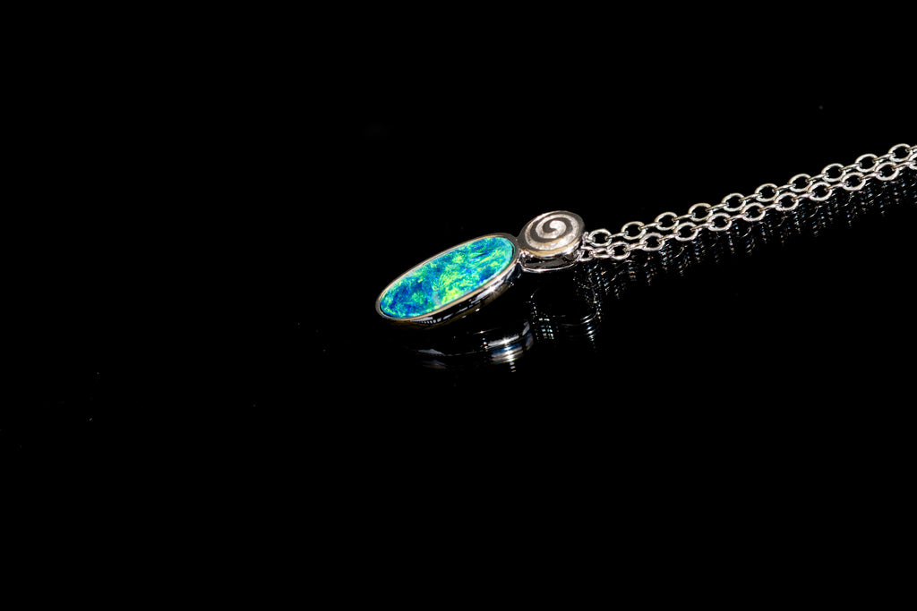 Natural Australian Opal in 14K Solid White Gold - Multi Color Fire Opal Necklace - Genuine Australian Doublet Opal Gem Stone Pendant