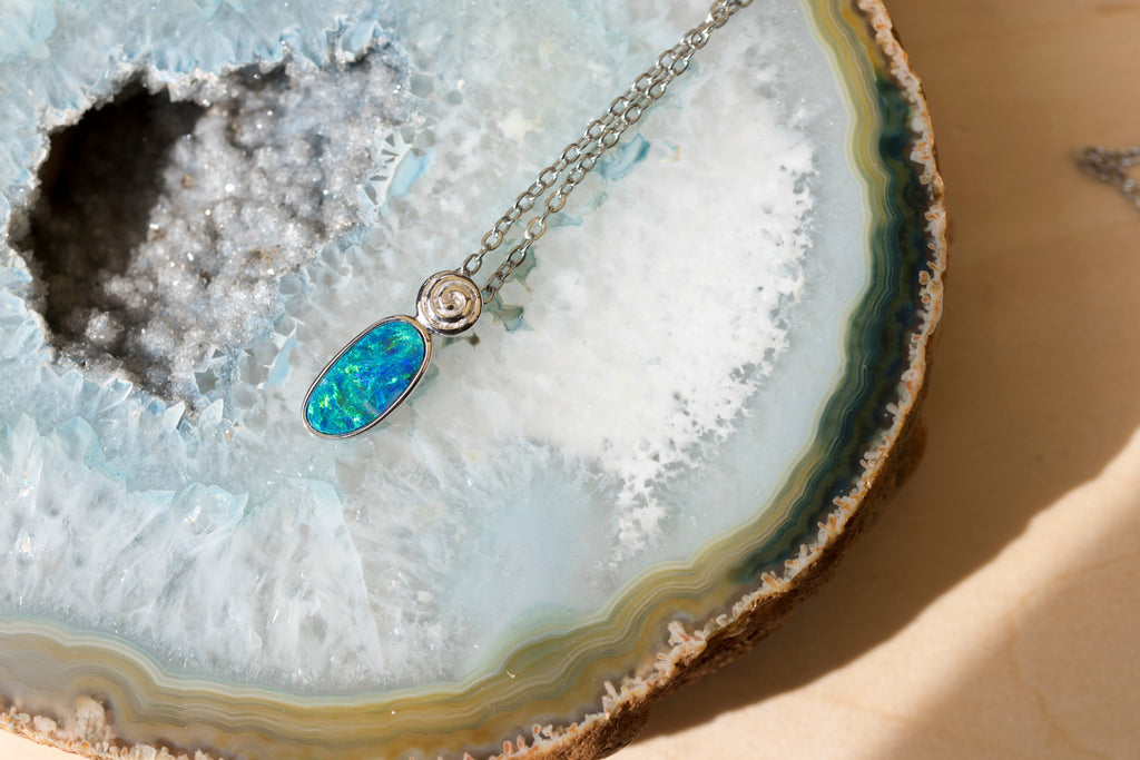 Natural Australian Opal in 14K Solid White Gold - Multi Color Fire Opal Necklace - Genuine Australian Doublet Opal Gem Stone Pendant