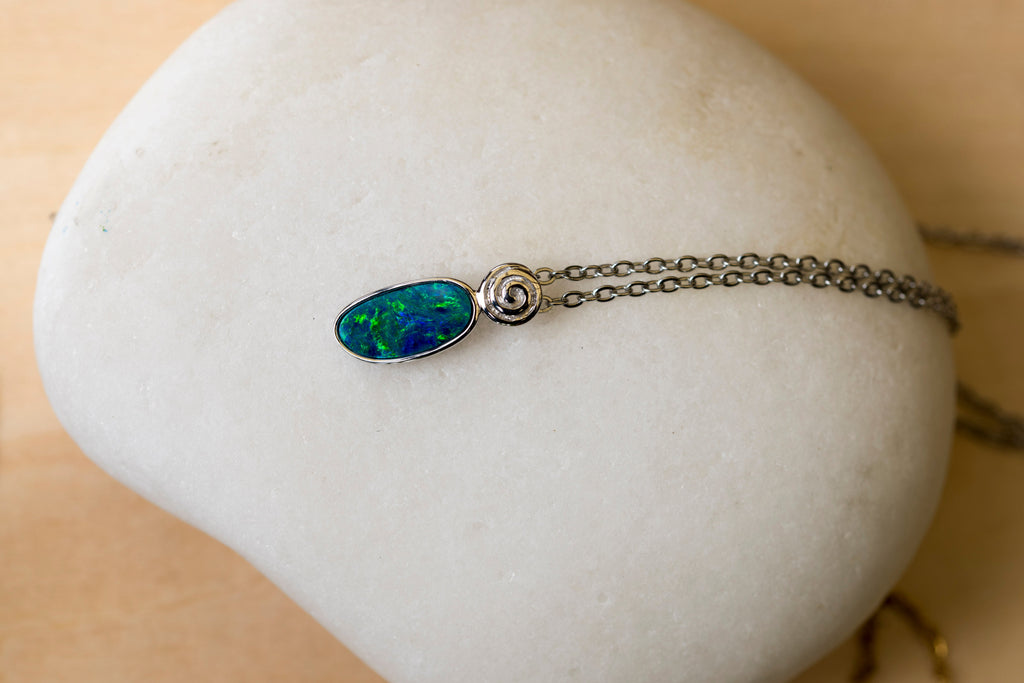 Natural Australian Opal in 14K Solid White Gold - Multi Color Fire Opal Necklace - Genuine Australian Doublet Opal Gem Stone Pendant