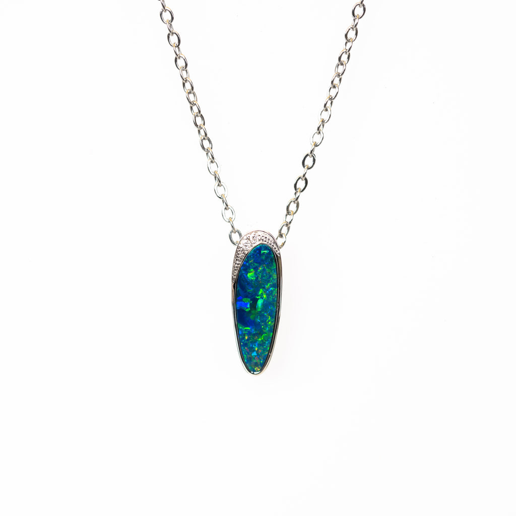 Australian Opal in 14K Solid White Gold - Multi Color Natural Fire Opal Necklace - Genuine Australian Doublet Opal Gem Stone Pendant