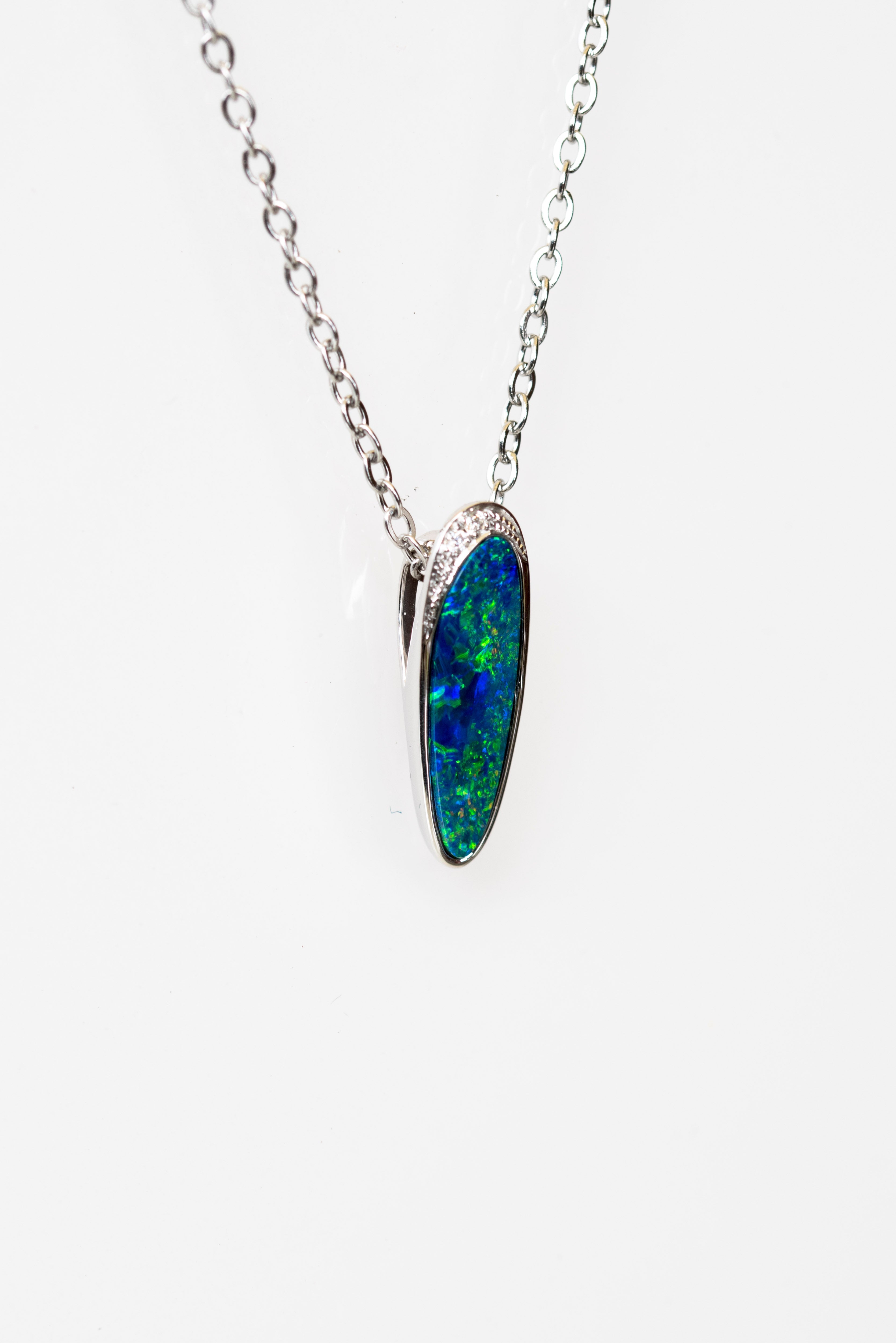 Australian Opal in 14K Solid White Gold - Multi Color Natural Fire Opal Necklace - Genuine Australian Doublet Opal Gem Stone Pendant