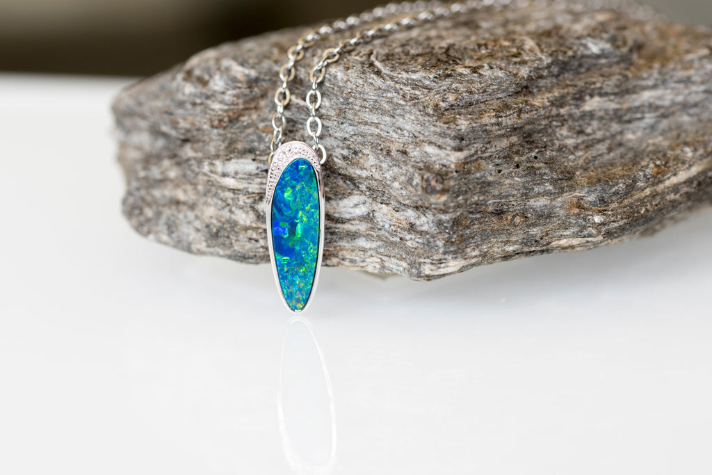 Australian Opal in 14K Solid White Gold - Multi Color Natural Fire Opal Necklace - Genuine Australian Doublet Opal Gem Stone Pendant
