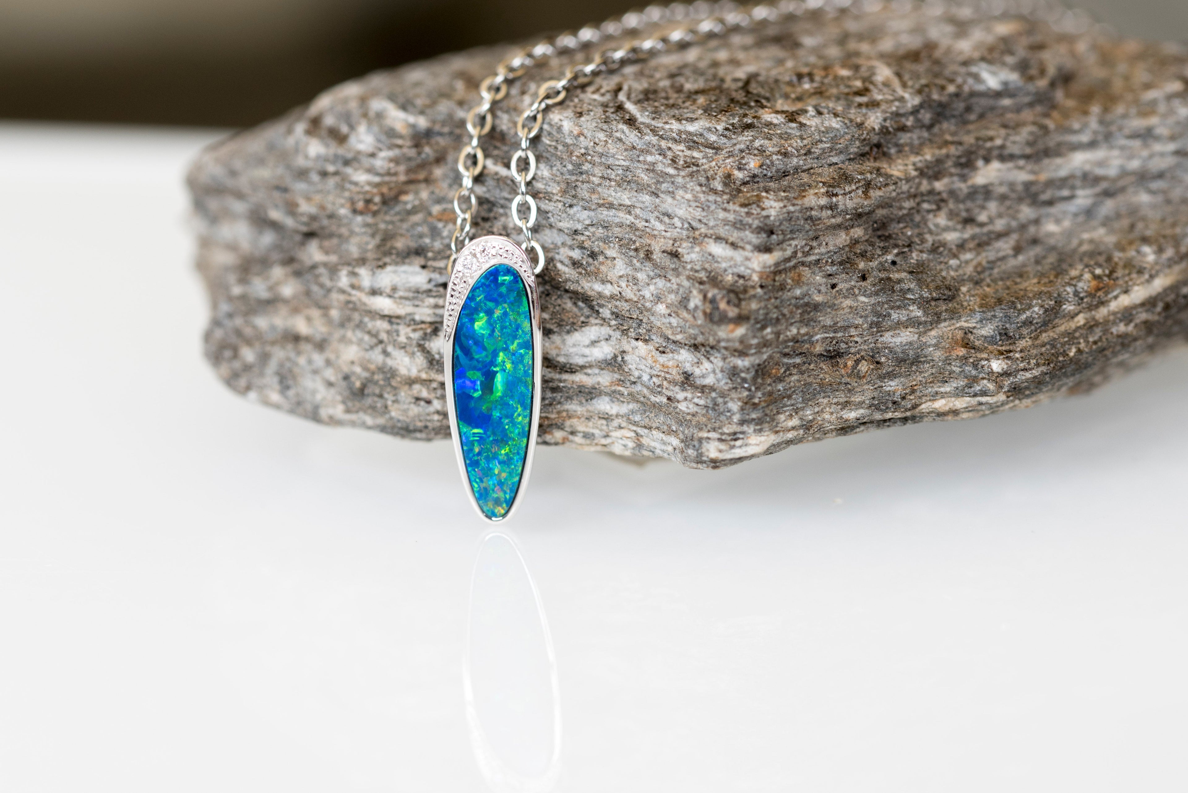 Australian Opal in 14K Solid White Gold - Multi Color Natural Fire Opal Necklace - Genuine Australian Doublet Opal Gem Stone Pendant