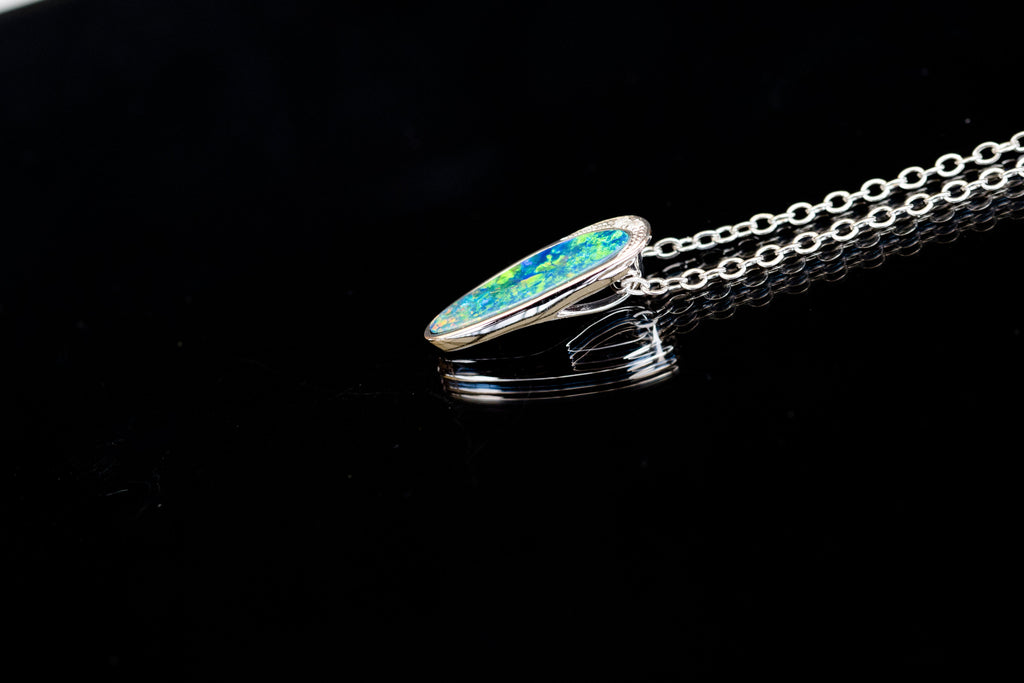 Australian Opal in 14K Solid White Gold - Multi Color Natural Fire Opal Necklace - Genuine Australian Doublet Opal Gem Stone Pendant