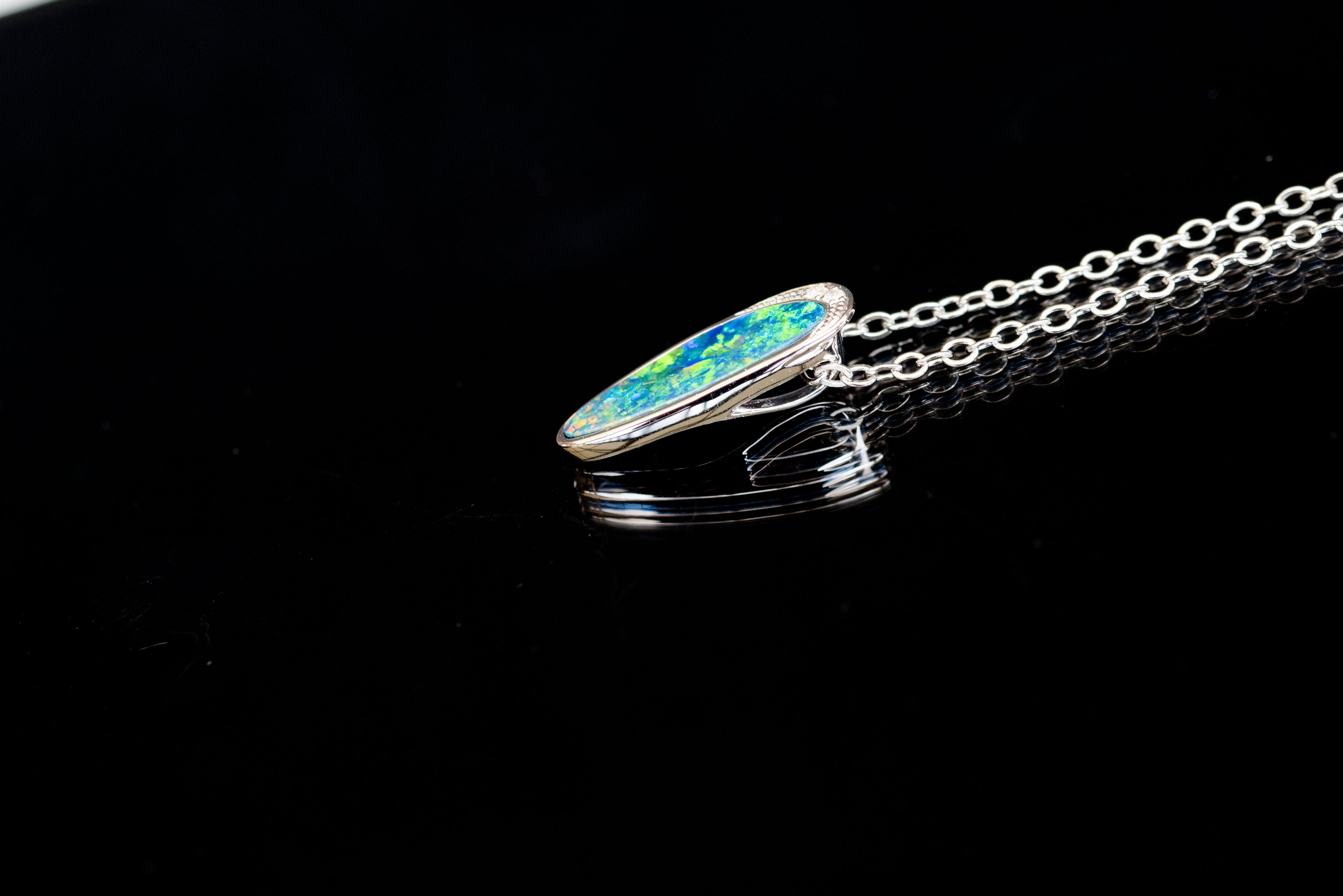 Australian Opal in 14K Solid White Gold - Multi Color Natural Fire Opal Necklace - Genuine Australian Doublet Opal Gem Stone Pendant