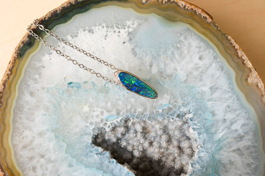 Australian Opal in 14K Solid White Gold - Multi Color Natural Fire Opal Necklace - Genuine Australian Doublet Opal Gem Stone Pendant