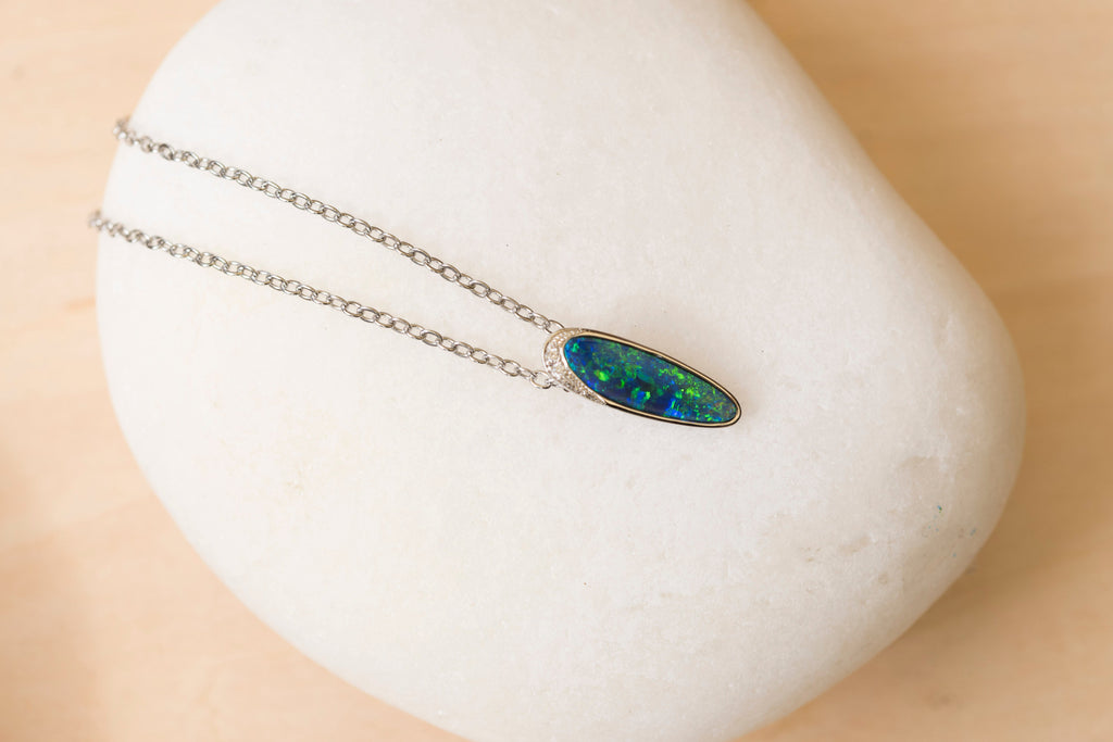 Australian Opal in 14K Solid White Gold - Multi Color Natural Fire Opal Necklace - Genuine Australian Doublet Opal Gem Stone Pendant