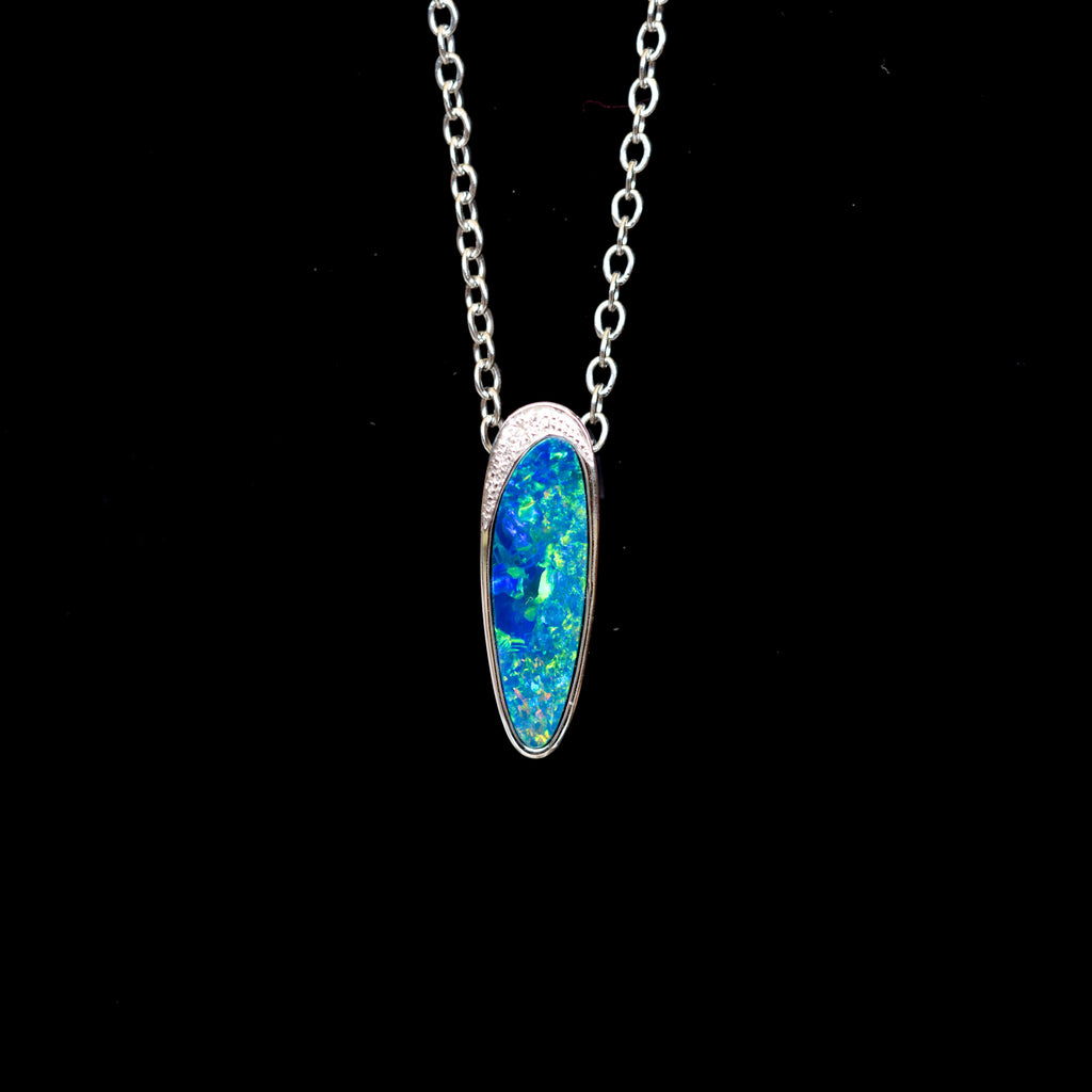 Australian Opal in 14K Solid White Gold - Multi Color Natural Fire Opal Necklace - Genuine Australian Doublet Opal Gem Stone Pendant