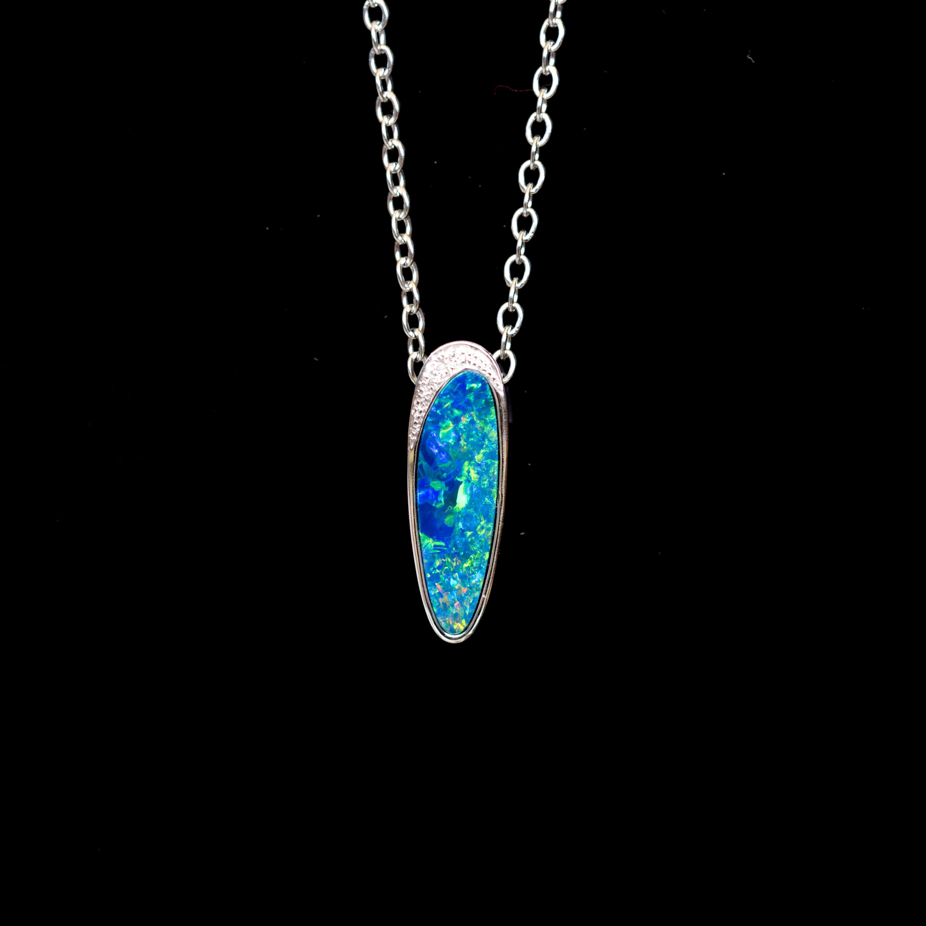 Australian Opal in 14K Solid White Gold - Multi Color Natural Fire Opal Necklace - Genuine Australian Doublet Opal Gem Stone Pendant