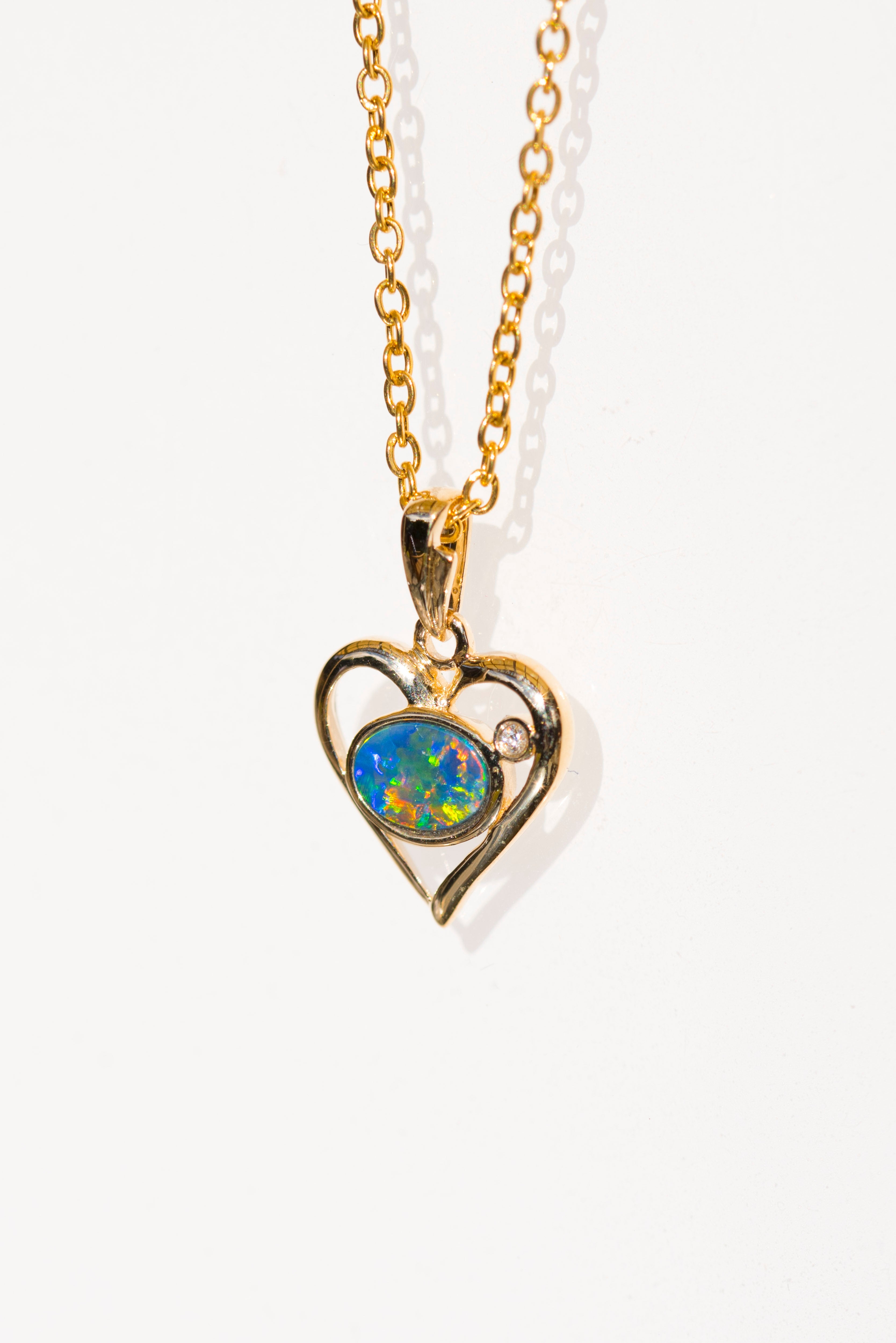 Australian Opal in 14K Solid Yellow Gold - Multi Color Sparking Opal Necklace - Genuine Australian Doublet Opal Gem Stone Pendant