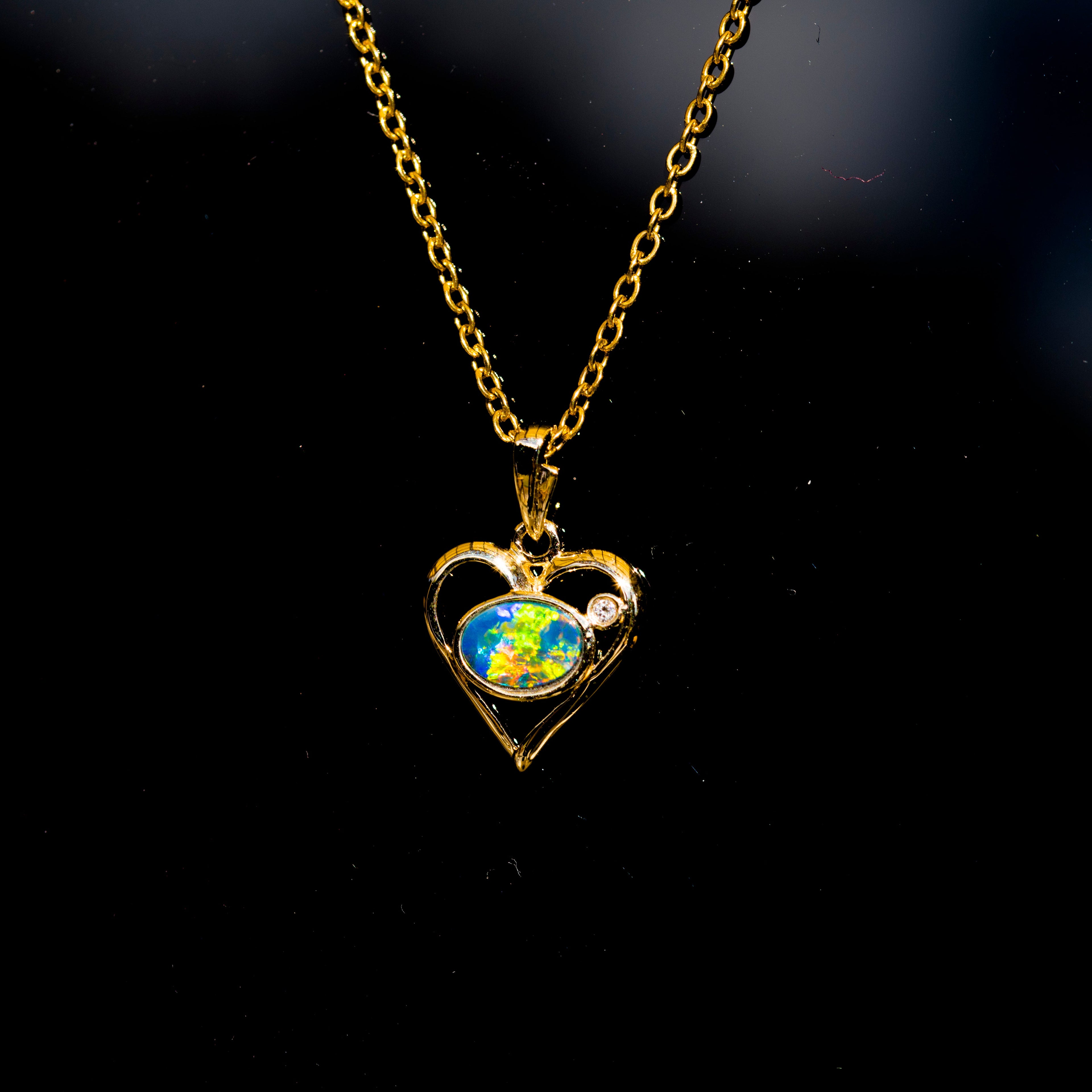 Australian Opal in 14K Solid Yellow Gold - Multi Color Sparking Opal Necklace - Genuine Australian Doublet Opal Gem Stone Pendant