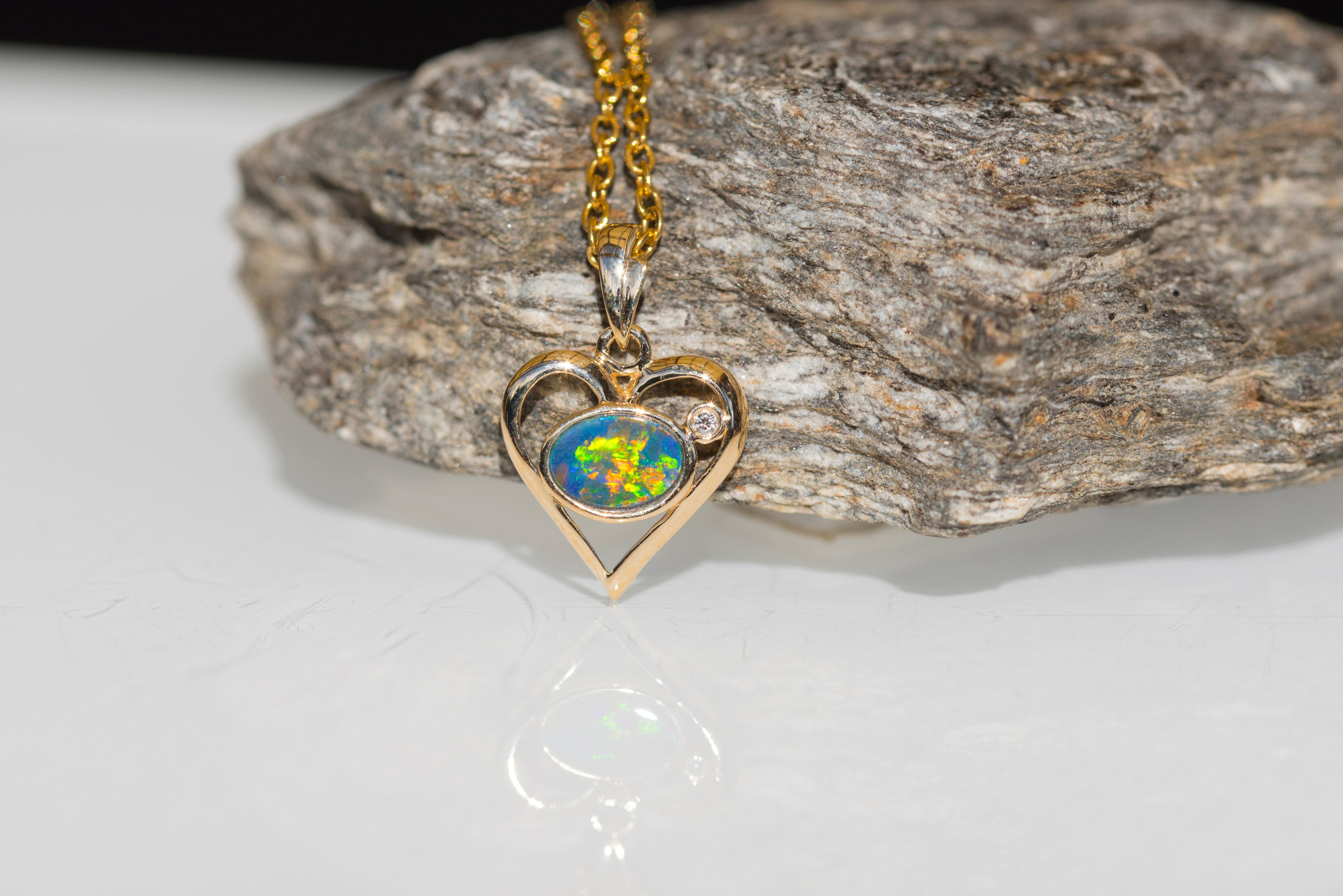 Australian Opal in 14K Solid Yellow Gold - Multi Color Sparking Opal Necklace - Genuine Australian Doublet Opal Gem Stone Pendant
