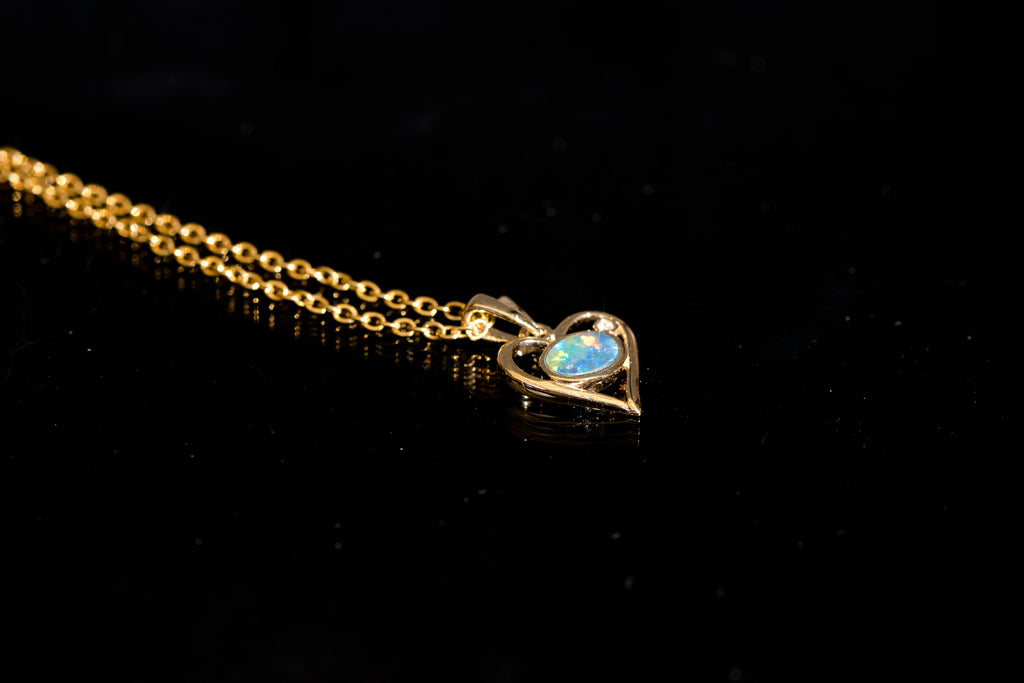 Australian Opal in 14K Solid Yellow Gold - Multi Color Sparking Opal Necklace - Genuine Australian Doublet Opal Gem Stone Pendant