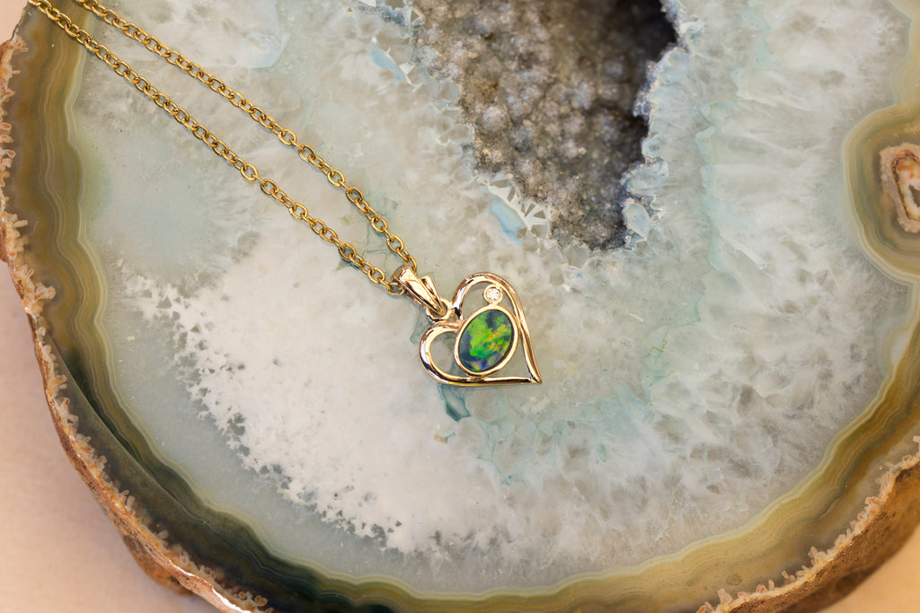 Australian Opal in 14K Solid Yellow Gold - Multi Color Sparking Opal Necklace - Genuine Australian Doublet Opal Gem Stone Pendant