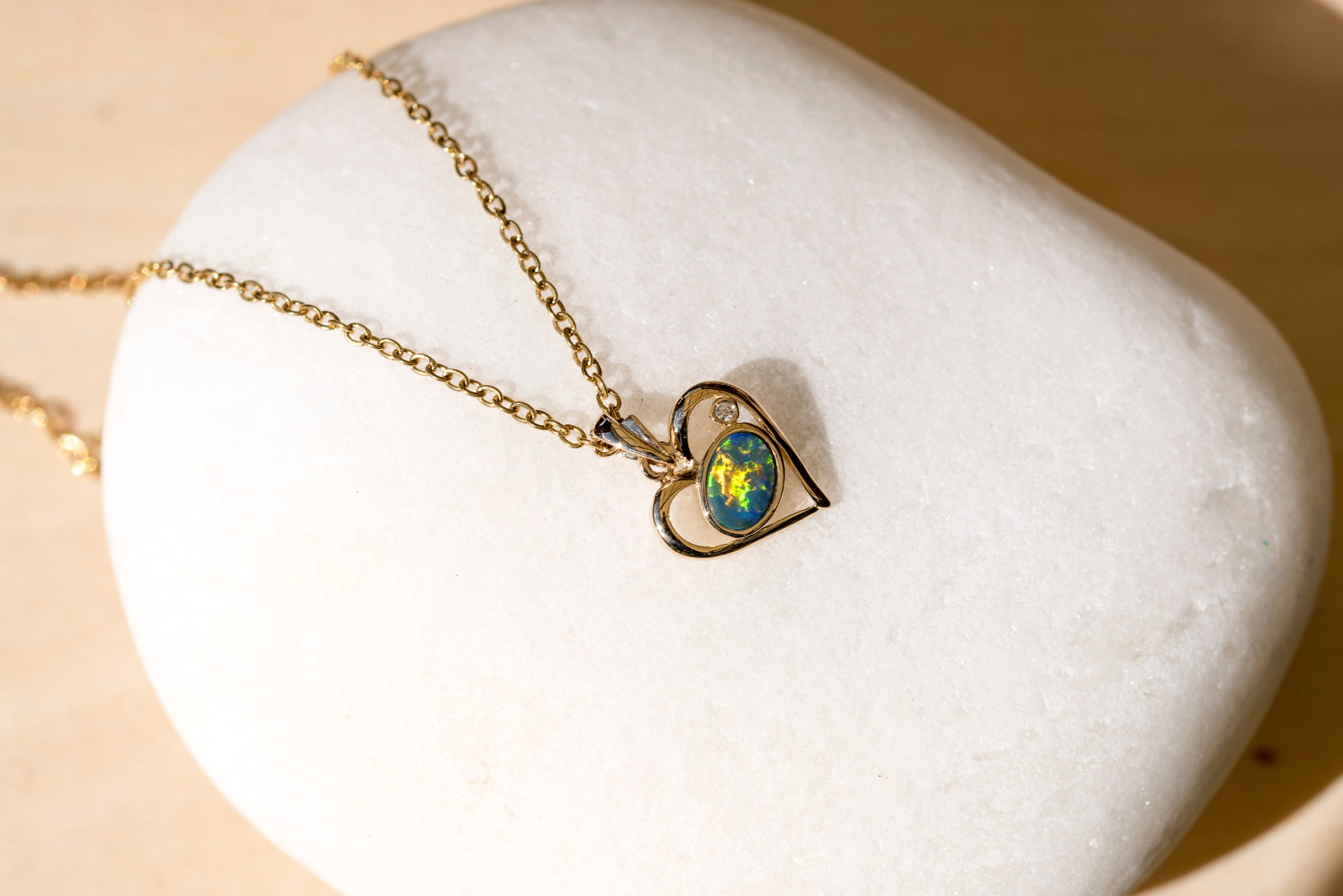 Australian Opal in 14K Solid Yellow Gold - Multi Color Sparking Opal Necklace - Genuine Australian Doublet Opal Gem Stone Pendant