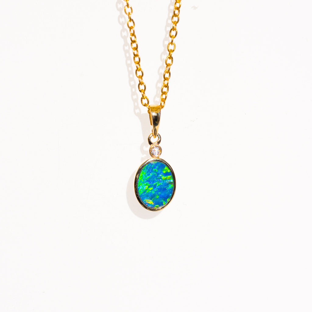 Luxury Australian Opal in 14K Solid Yellow Gold - Multi Color Fire Opal Necklace - Genuine Australian Doublet Opal Gem Stone Pendant