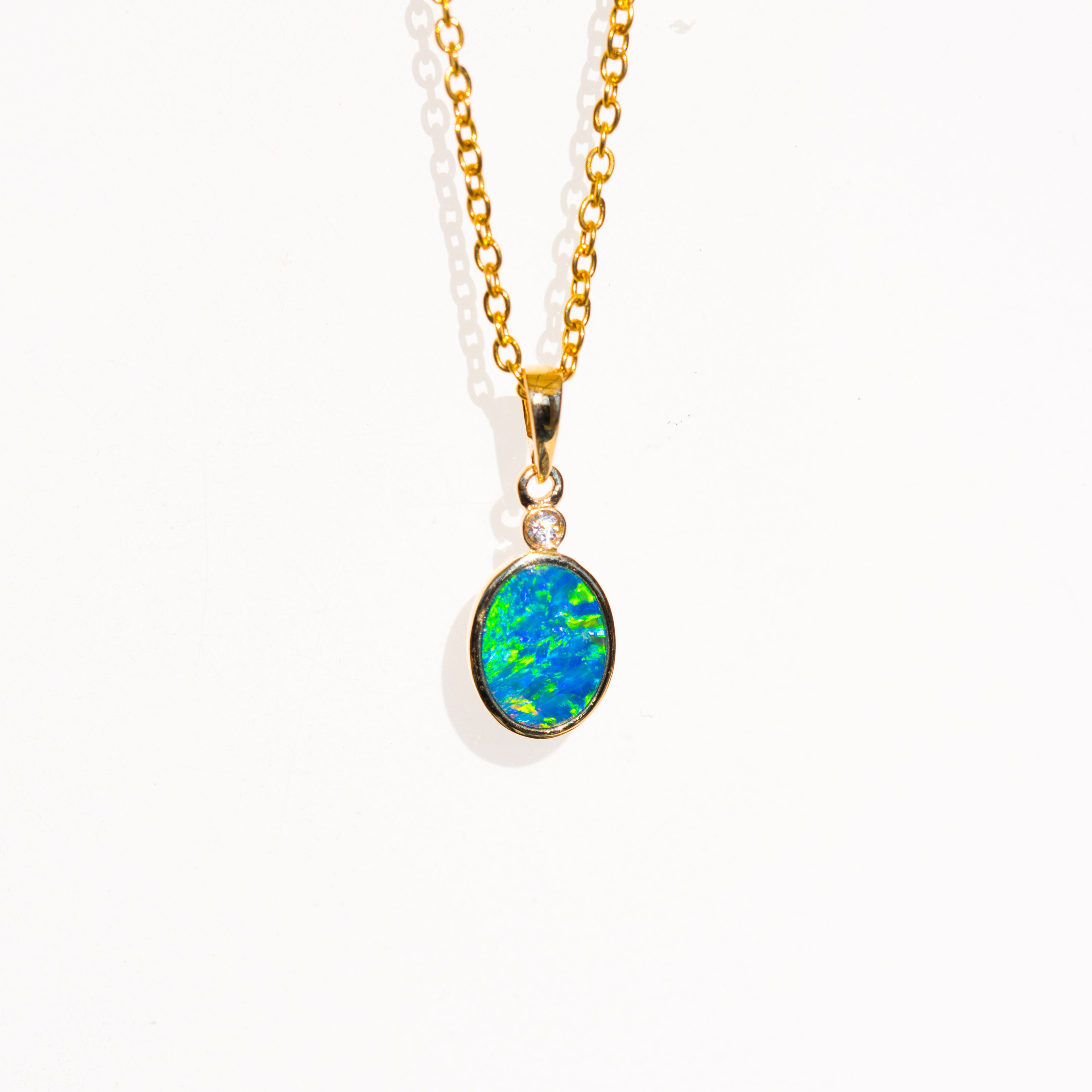 Luxury Australian Opal in 14K Solid Yellow Gold - Multi Color Fire Opal Necklace - Genuine Australian Doublet Opal Gem Stone Pendant