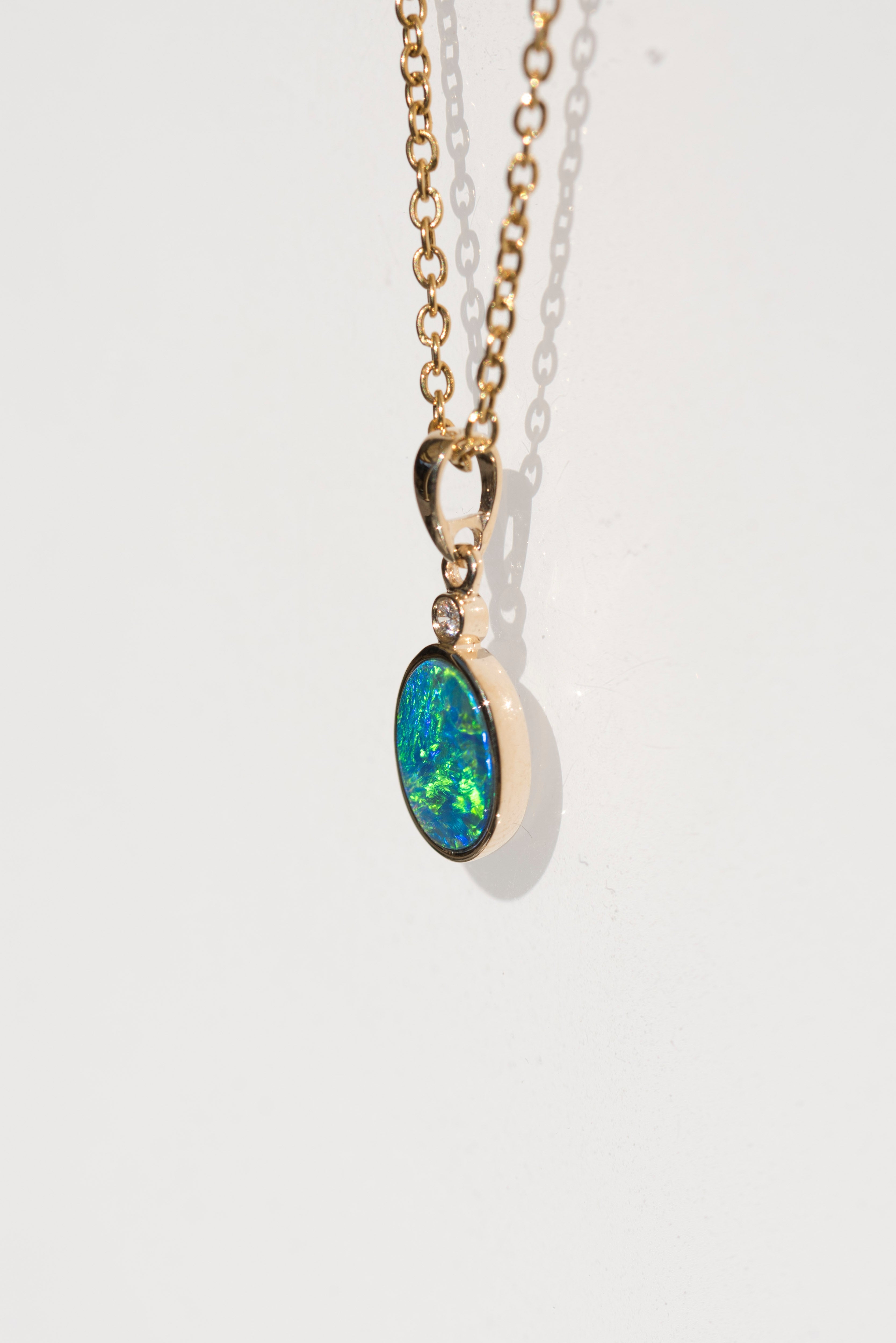 Luxury Australian Opal in 14K Solid Yellow Gold - Multi Color Fire Opal Necklace - Genuine Australian Doublet Opal Gem Stone Pendant