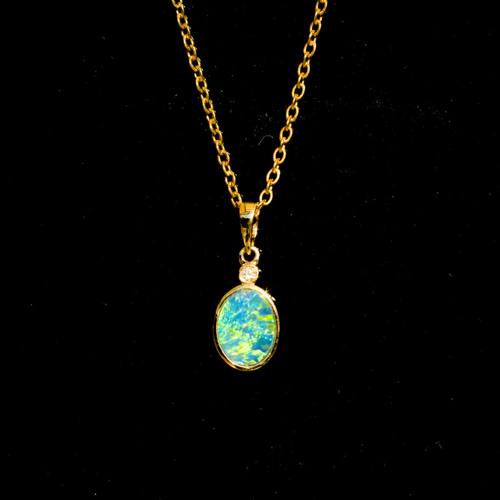 Luxury Australian Opal in 14K Solid Yellow Gold - Multi Color Fire Opal Necklace - Genuine Australian Doublet Opal Gem Stone Pendant
