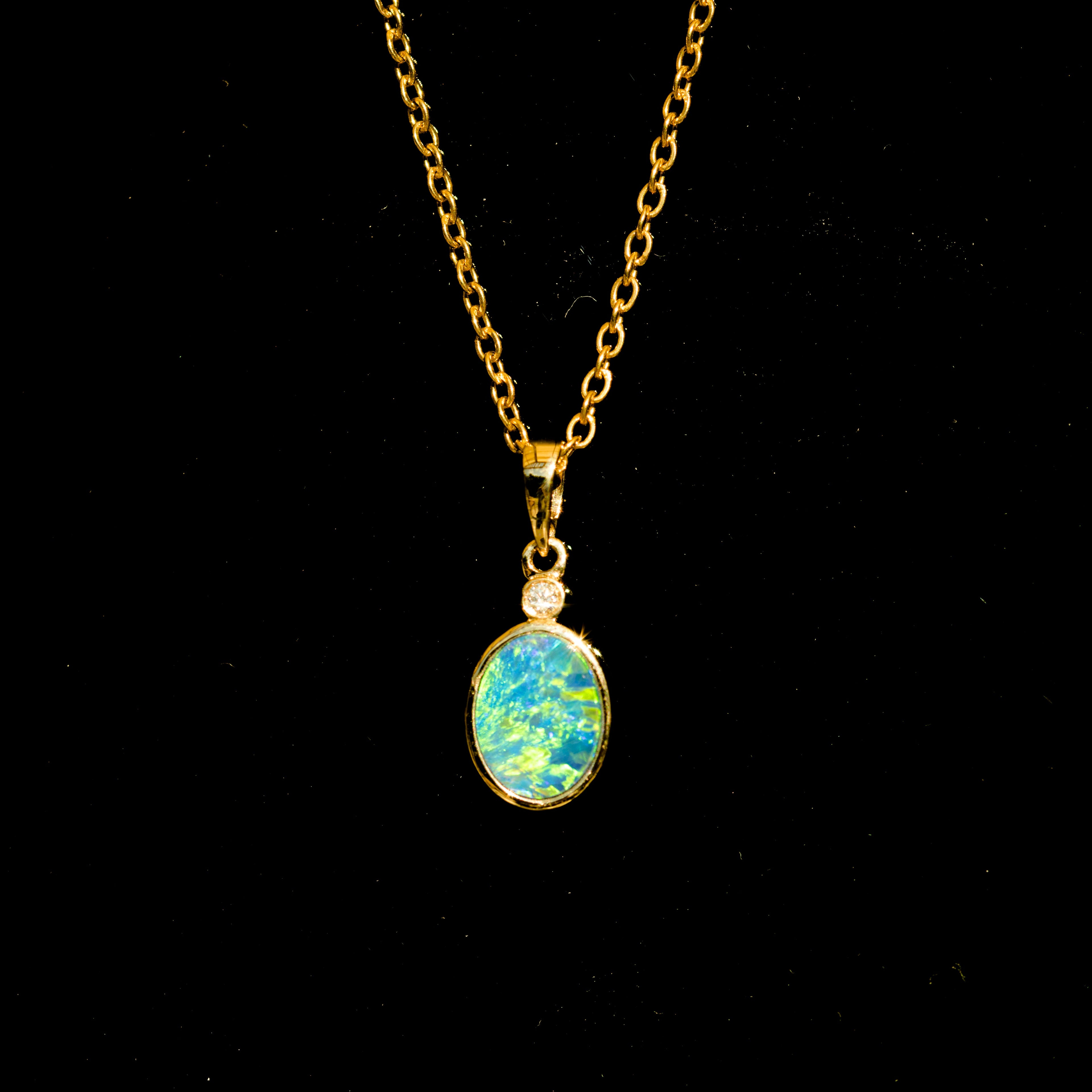 Luxury Australian Opal in 14K Solid Yellow Gold - Multi Color Fire Opal Necklace - Genuine Australian Doublet Opal Gem Stone Pendant