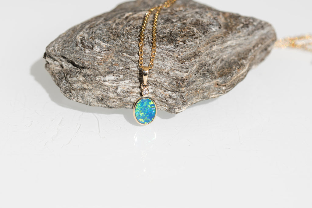 Luxury Australian Opal in 14K Solid Yellow Gold - Multi Color Fire Opal Necklace - Genuine Australian Doublet Opal Gem Stone Pendant