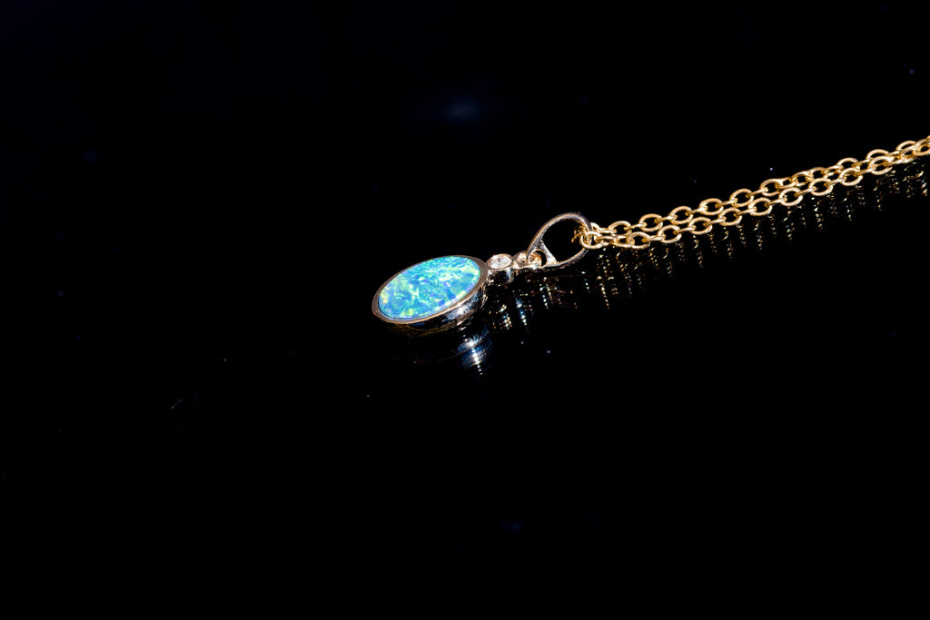 Luxury Australian Opal in 14K Solid Yellow Gold - Multi Color Fire Opal Necklace - Genuine Australian Doublet Opal Gem Stone Pendant