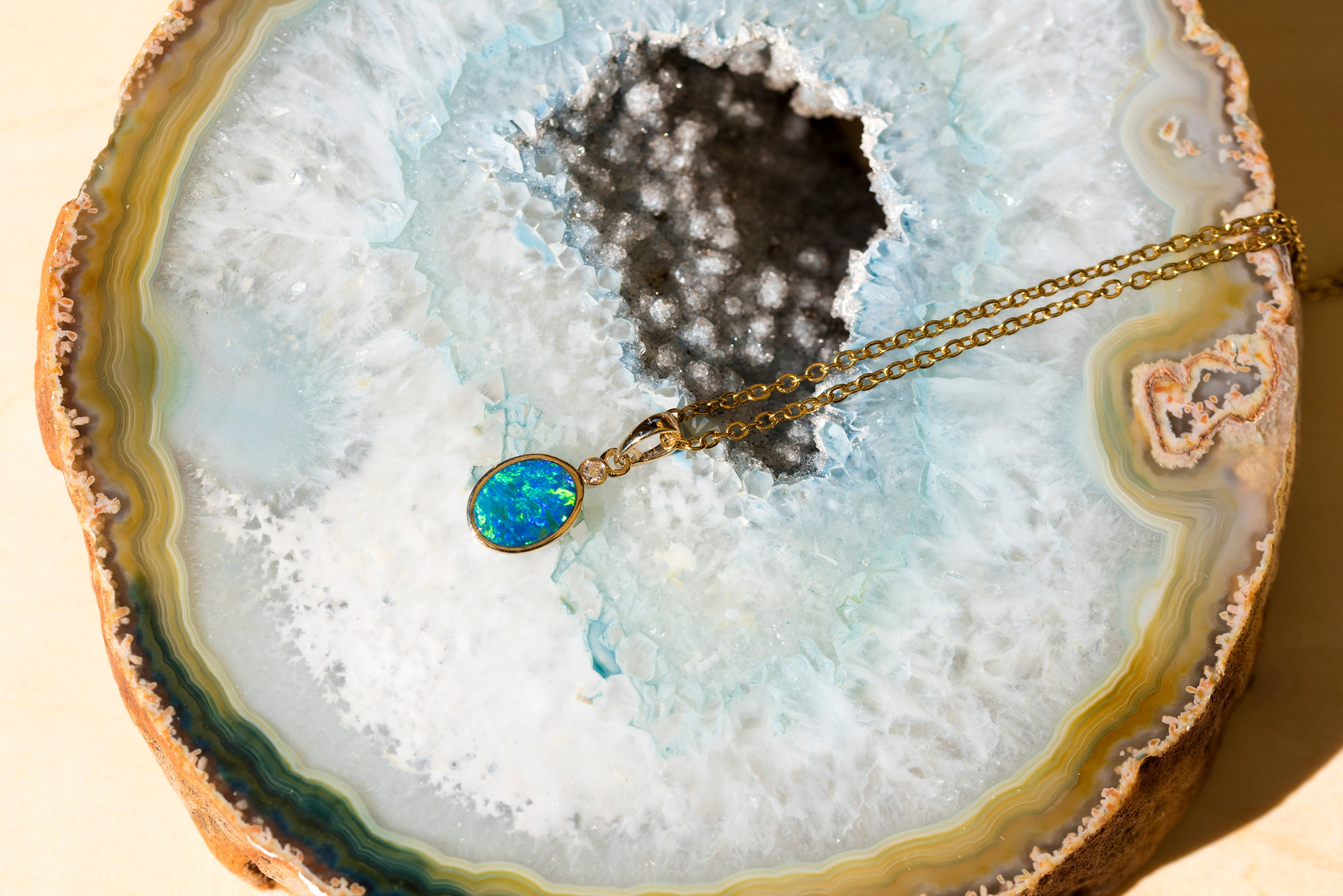 Luxury Australian Opal in 14K Solid Yellow Gold - Multi Color Fire Opal Necklace - Genuine Australian Doublet Opal Gem Stone Pendant