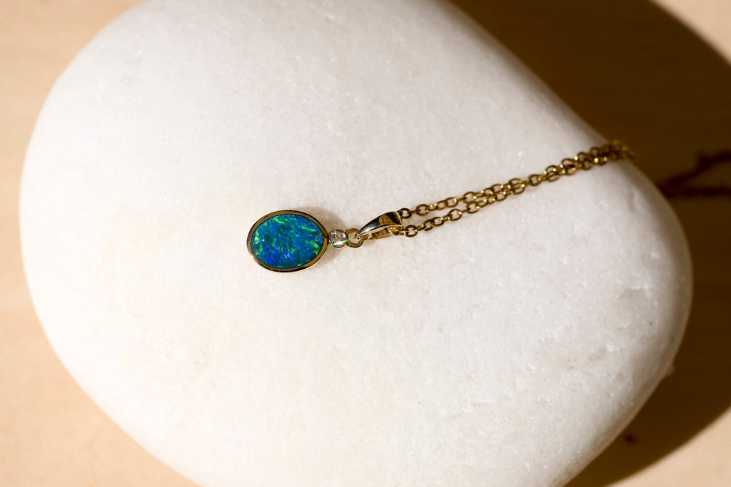 Luxury Australian Opal in 14K Solid Yellow Gold - Multi Color Fire Opal Necklace - Genuine Australian Doublet Opal Gem Stone Pendant