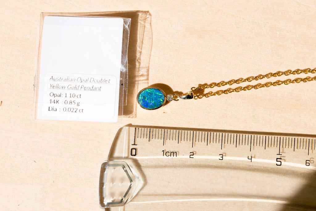 Luxury Australian Opal in 14K Solid Yellow Gold - Multi Color Fire Opal Necklace - Genuine Australian Doublet Opal Gem Stone Pendant