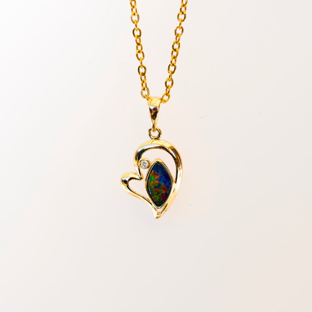 Australian Opal in 14K Solid Yellow Gold - Luxury Multi Color Fire Opal Necklace - Genuine Australian Doublet Opal Gem Stone Pendant