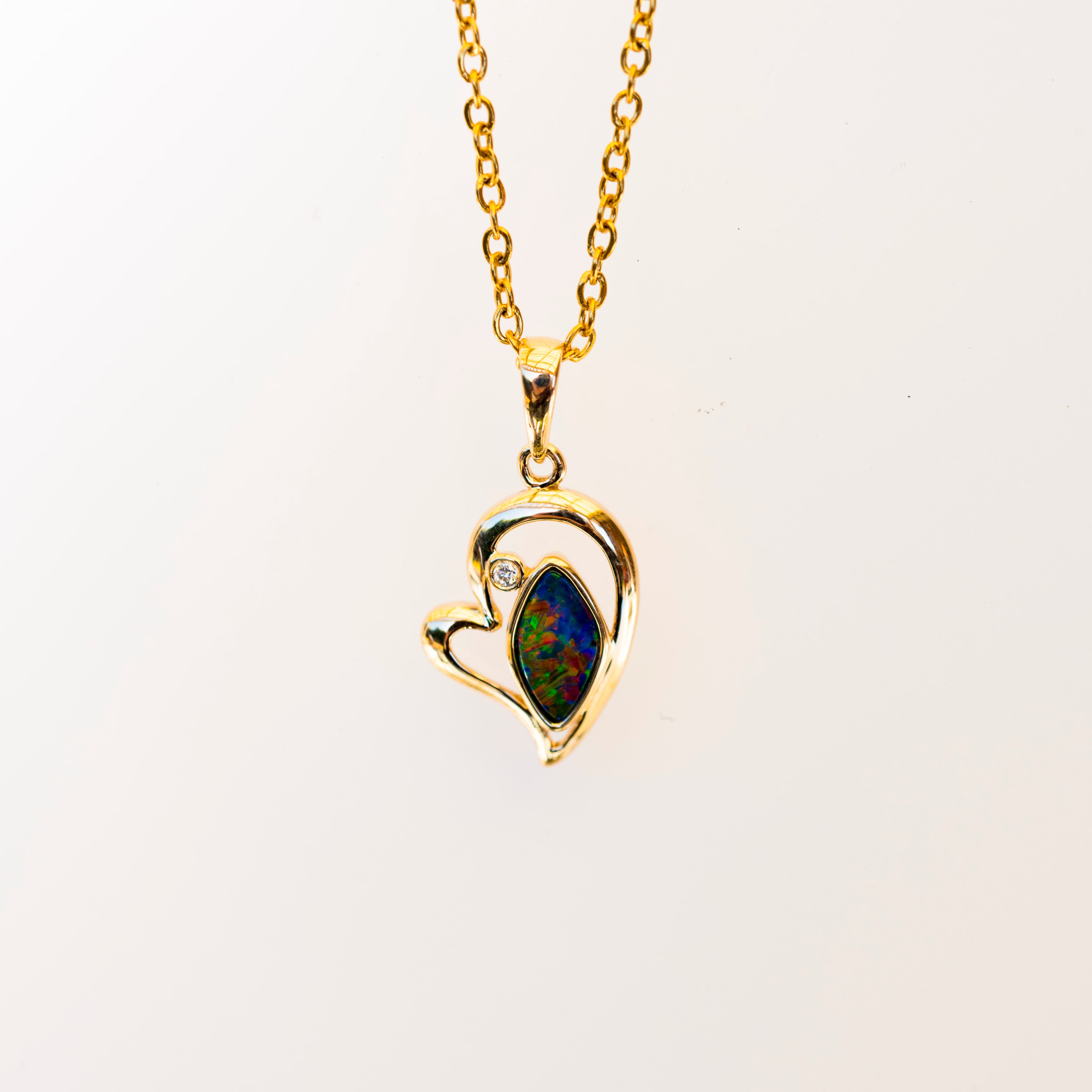Australian Opal in 14K Solid Yellow Gold - Luxury Multi Color Fire Opal Necklace - Genuine Australian Doublet Opal Gem Stone Pendant